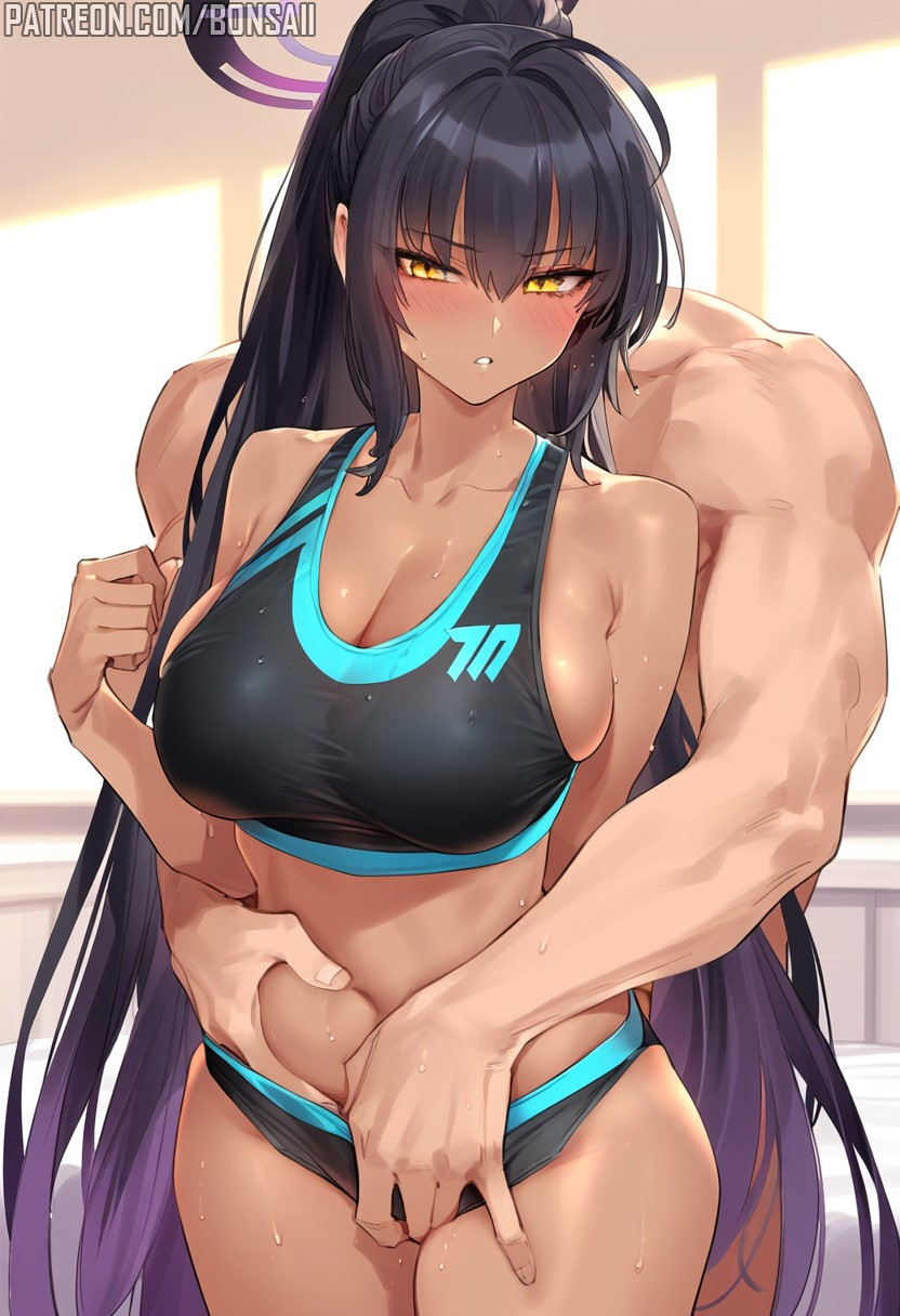 1boy 1girl 1girls ai_generated black_hair blue_archive blush blush_lines bons_ai cleaning_&_clearing_(blue_archive) dark-skinned_female from_behind gym_clothes gym_uniform halo huge_breasts interracial karin_(blue_archive) large_breasts long_hair millennium_science_school_logo_(blue_archive) millennium_science_school_student ponytail size_difference sweat sweatdrop sweating thick_thighs thighs wide_hips yellow_eyes