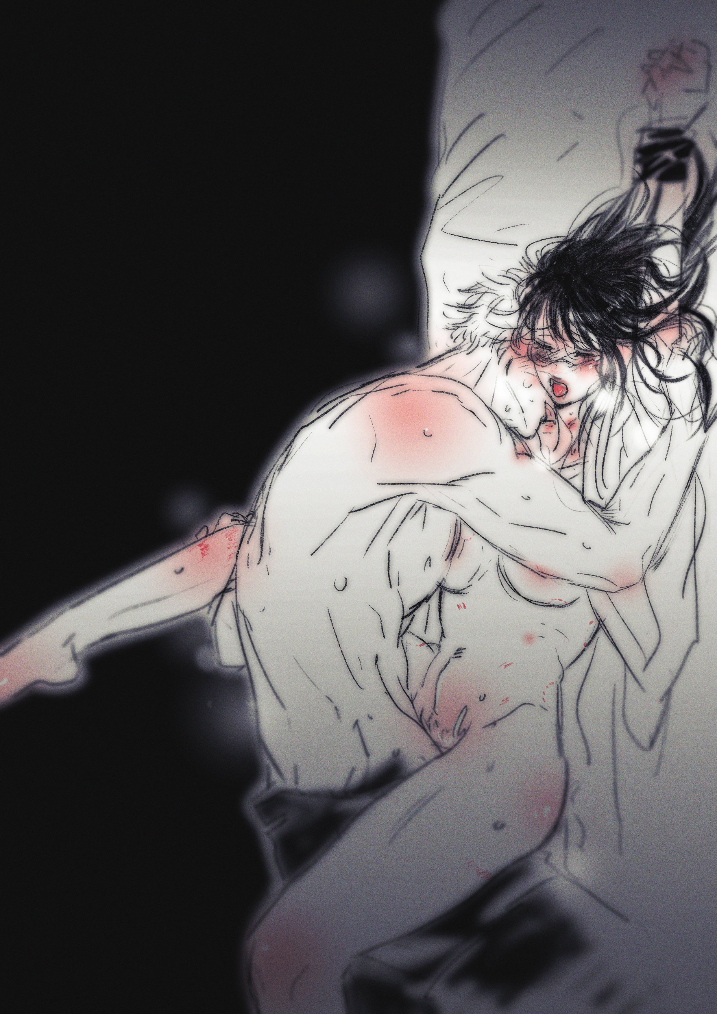 1boy, 1girls, bite mark, breasts, female, jujutsu kaisen, kissing neck, legs up, long hair, male, missionary position, muscular, muscular male, orgasm face, pussy, satoru gojo, size difference, straight, utahime iori, vaginal penetration, vaginal sex, white hair