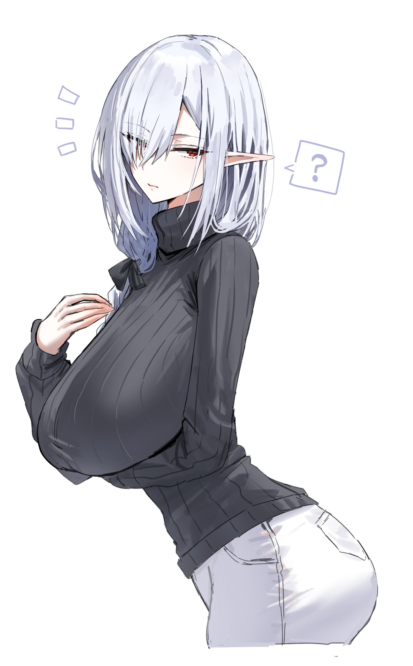 1girls, arknights, breasts, female, female focus, female only, gladiia (arknights), horn/wood, huge breasts, jeans, light skin, light-skinned female, looking at viewer, looking away, massive breasts, pointy ears, question, question mark, red eyes, short hair, slim waist, sweater, tagme, tight clothes, tight clothing, tight fit, white hair