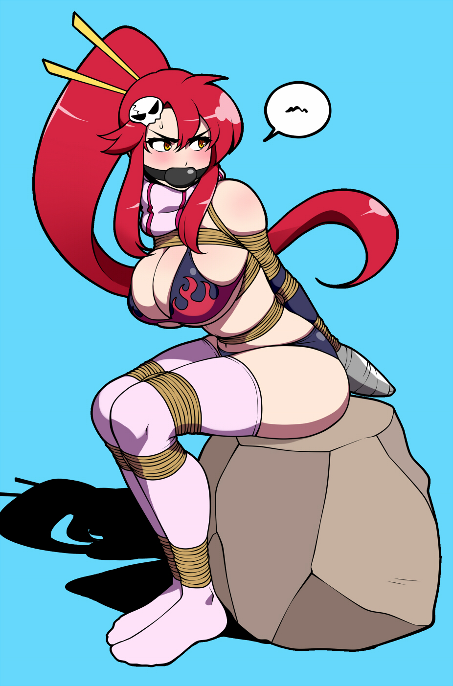 arms_tied_behind_back ball_gag big_breasts bikini_top bondage bound female female_only femsub fully_clothed gag gagged jam-orbital legs_tied_together ponytail red_hair revealing_clothes rope rope_bondage short_shorts stockings tape taped_hands tengen_toppa_gurren_lagann yoko_littner