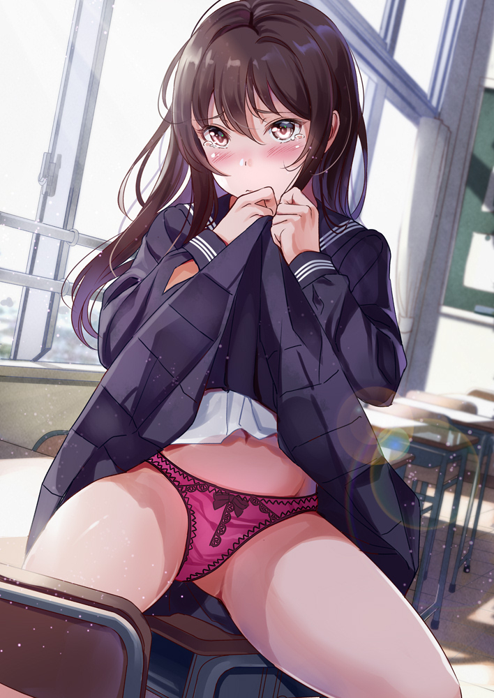 1girls ass_visible_through_thighs black_skirt blush bow bow_panties brown_eyes brown_hair chair chalkboard classroom clothes_lift clothing commentary_request cowboy_shot curtains desk female hair_between_eyes indoors lace lace-trimmed_panties lace_trim lens_flare lifted_by_self long_hair long_sleeves looking_at_viewer on_desk original panties pink_panties pleated_skirt sailor_collar school school_desk school_uniform serafuku shirt sitting skirt skirt_lift solo spread_legs tearing_up tears thighs tipii underwear uniform