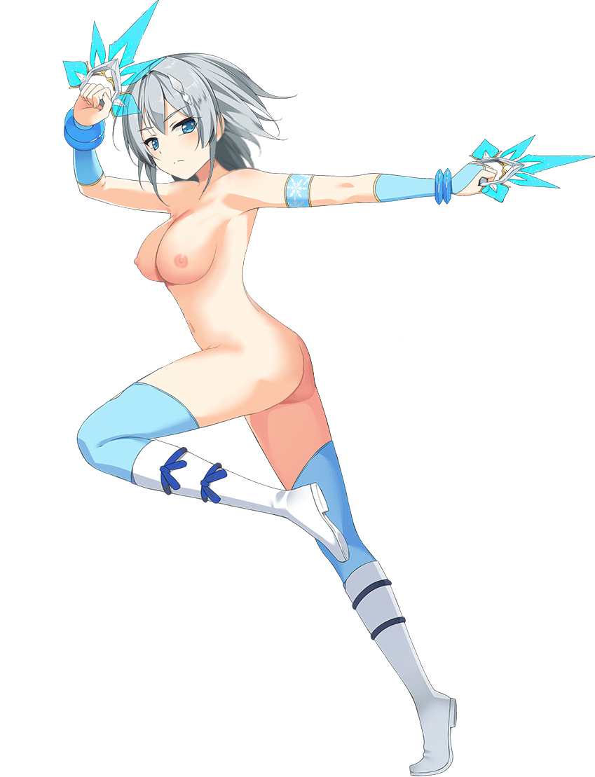 1girls ass blue_eyes boots breasts edit female gloves large_breasts moe_ninja_girls nipples nude nude_female nude_filter revision ricka_machiyuki short_hair silver_hair standing_on_one_leg third-party_edit weapon