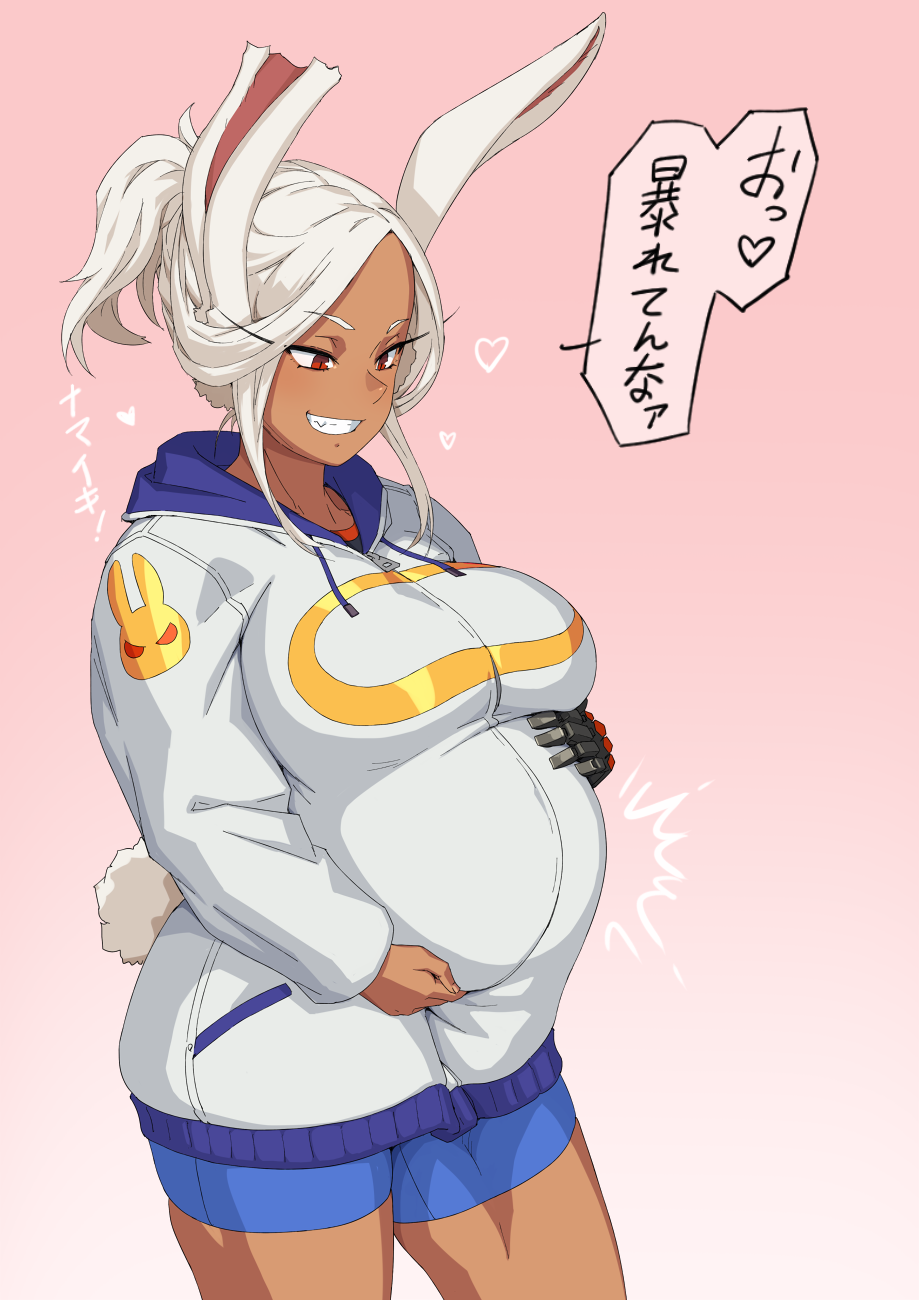 1girls boku_no_hero_academia breasts bunny_ears caressing_belly dark-skinned_female dark_skin female female_focus female_only hand_on_pregnant_belly happy heavily_pregnant hoodie large_breasts long_hair mikoyan miruko mother muscular_female my_hero_academia ponytail pregnant pregnant_belly pregnant_female red_eyes rumi_usagiyama shorts smile spats thick_thighs thighs translation_request white_hair