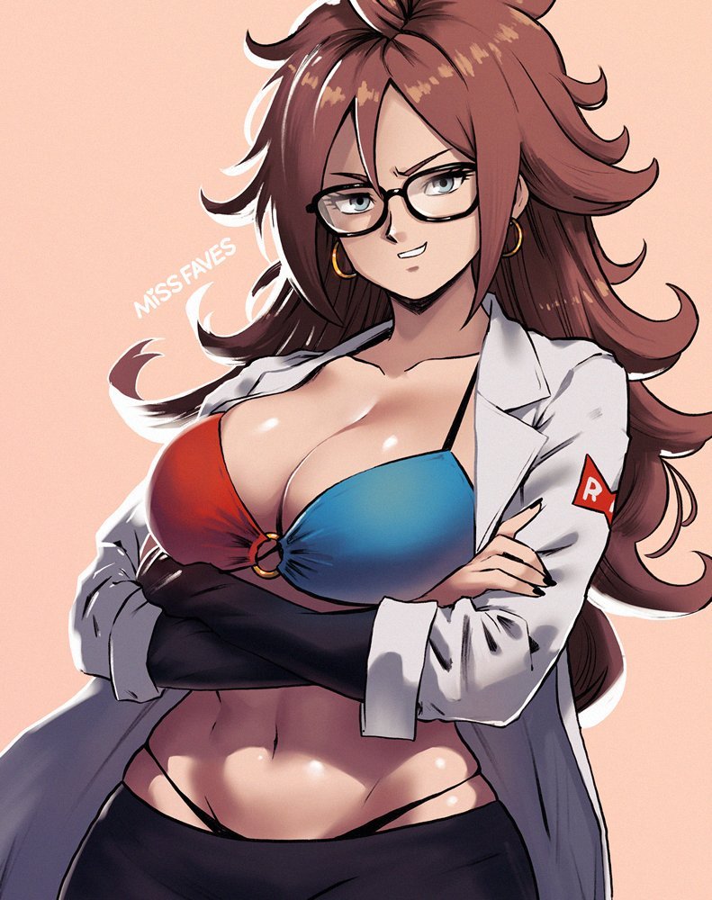 1girls android_21 android_21_(human) big_breasts blue_eyes brown_hair cleavage dragon_ball dragon_ball_fighterz dragon_ball_z earrings female female_only glasses looking_back missfaves navel o-ring o-ring_top panties skirt solo solo_female solo_focus thong wide_hips