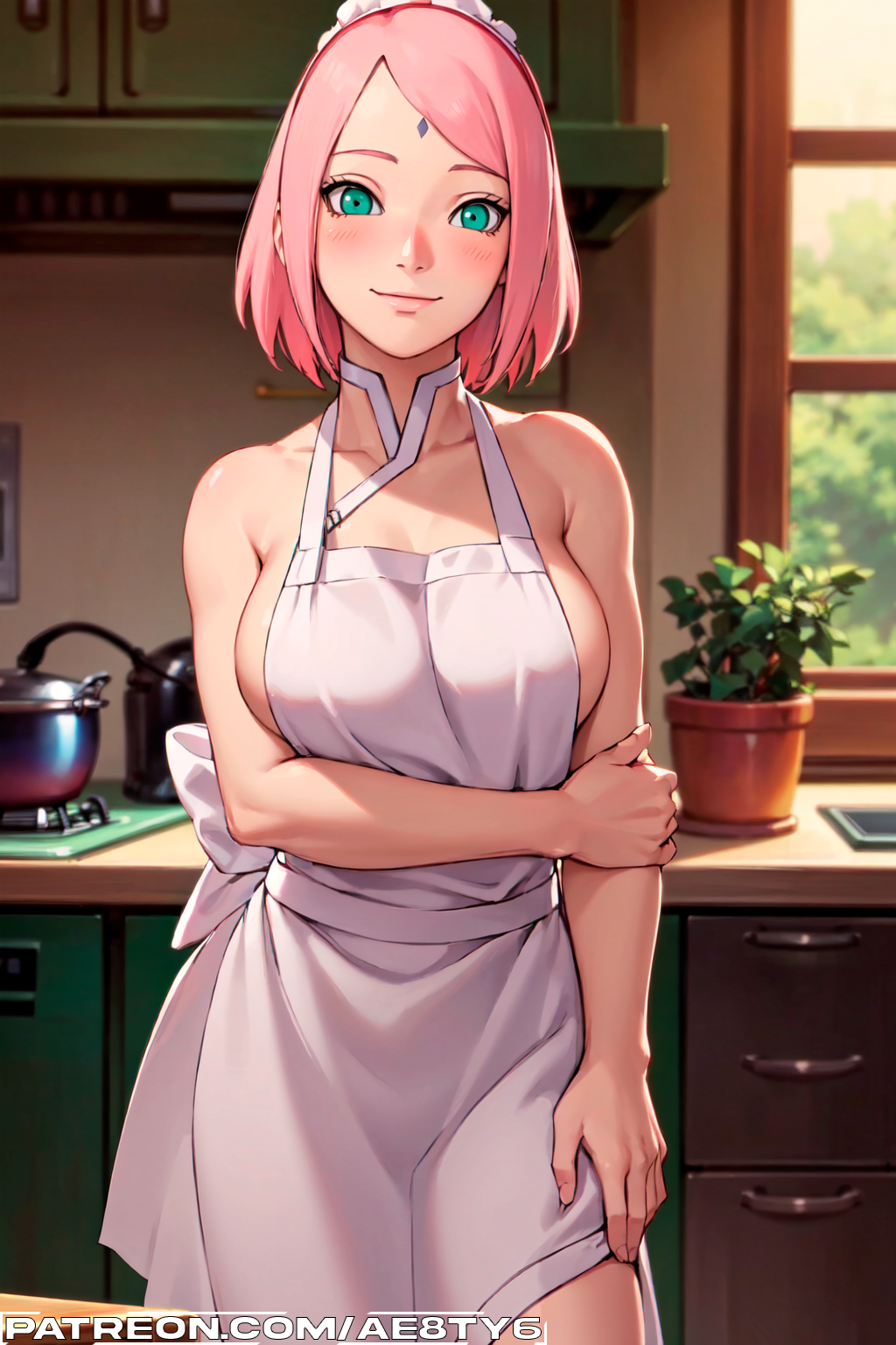 1girls ae8ty6 ai_generated almost_naked apron apron_only arm_under_breasts barely_clothed blush bob_cut boruto:_naruto_next_generations cleavage curvaceous detached_collar female female_only green_eyes headdress housewife human indoors kitchen light-skinned_female light_skin long_hair looking_at_viewer maid maid_headdress mature mature_female milf mommy mostly_nude nai_diffusion naked_apron naruto naruto_(series) patreon_username petite pink_hair sakura_haruno shoulder_length_hair smile solo stable_diffusion url voluptuous watermark web_address white_apron wife