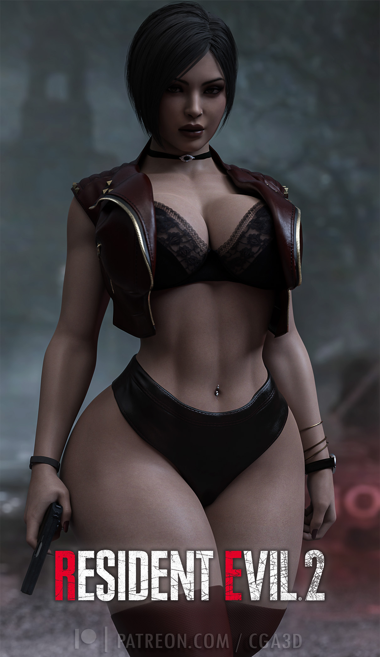1girls, 3d, 3d (artwork), abs, ada wong, ada wong (adriana), big breasts, black hair, blurry background, bracelet, breasts, cga3d, choker, curvaceous, curvy, curvy female, curvy figure, detailed background, erotichris, female, female focus, female only, hi res, high resolution, highres, large breasts, leather jacket, lingerie, navel, navel piercing, piercing, resident evil, resident evil 2, resident evil 2 remake, resident evil 4, resident evil 4 remake, shorts, solo, solo female, solo focus, thick thighs, thighhighs, voluptuous, voluptuous female, wide hips