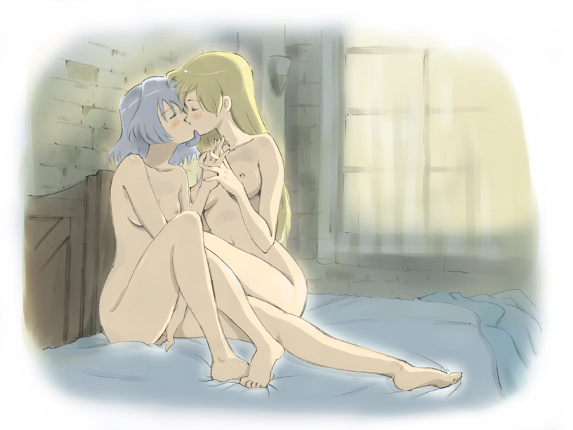 barefoot bed blonde_hair blush breasts caracol closed_eyes curtain eila_ilmatar_juutilainen feet female female_only fingering hand_holding holding_hands inside kissing long_hair multiple_girls mutual_yuri nipples no_visible_genitalia nude room sanya_v_litvyak sex short_hair silver_hair small_breasts straight_hair strike_witches window yuri