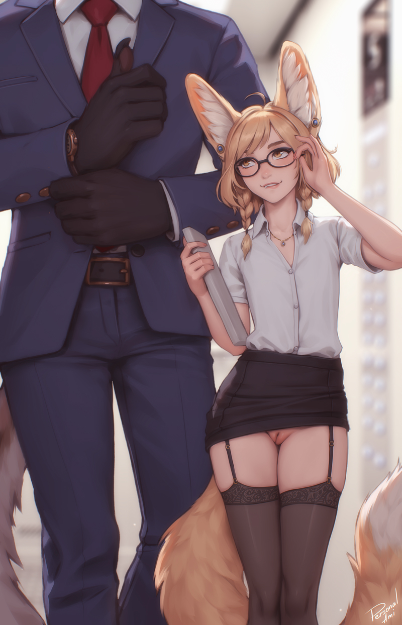 1boy adjusting_eyewear adjusting_sleeves animal_ears belt biting_own_lip black_thighhighs blonde_hair blurry blurry_background blush braid clothes_lift collarbone earrings einarr_(personalami) english_commentary female flat_chest fox_ears fox_tail garter_straps glasses height_difference highres jewelry khiara_(personalami) looking_at_another necklace necktie no_panties original pencil_skirt personalami pussy shirt signature skirt skirt_lift suit tail thighhighs twin_braids uncensored white_shirt