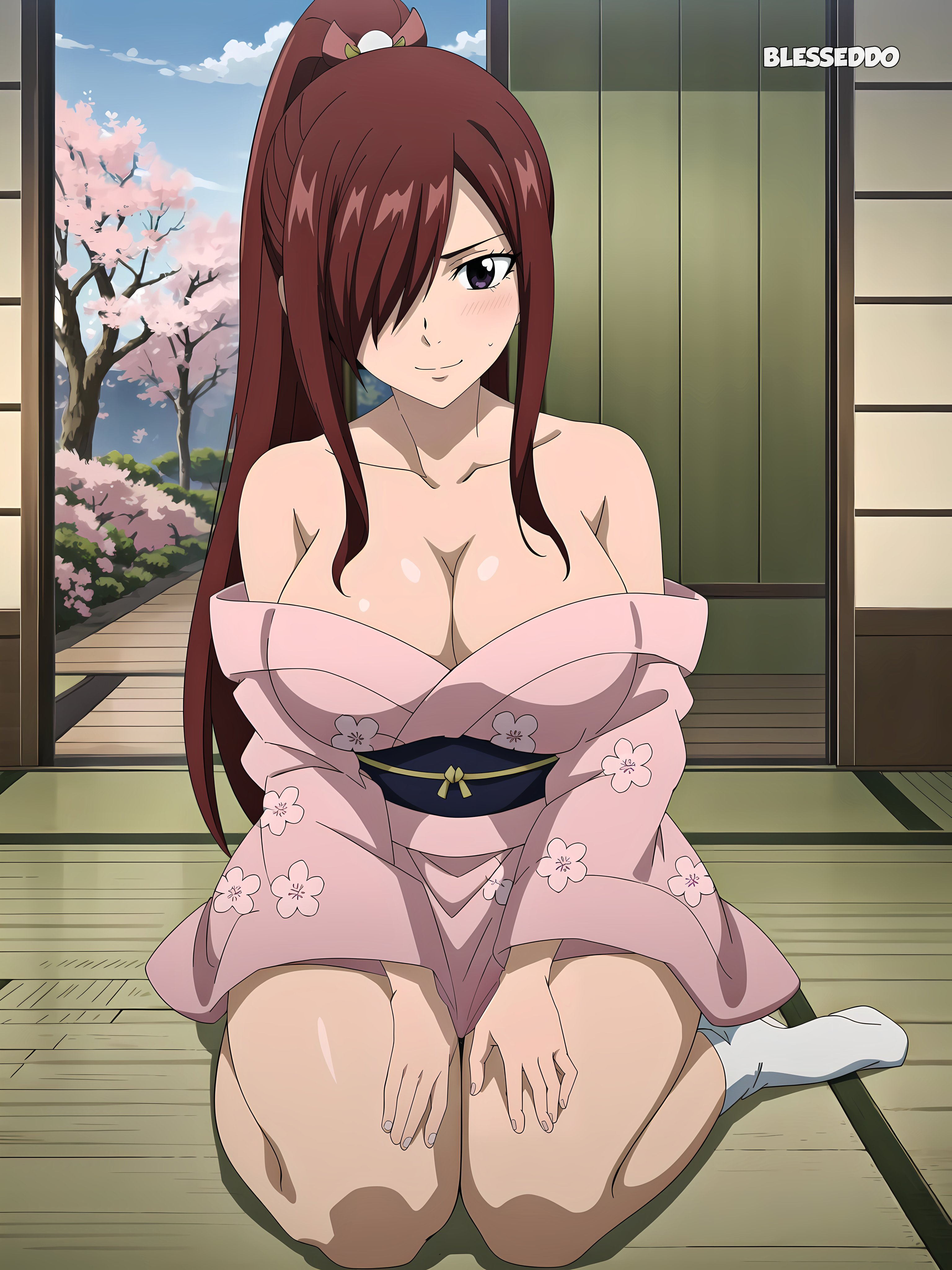 1girls, ai generated, big breasts, blesseddo, breasts, cleavage, erza scarlet, fairy tail, female, kimono, long hair, looking at viewer, ponytail, red hair, solo, tagme