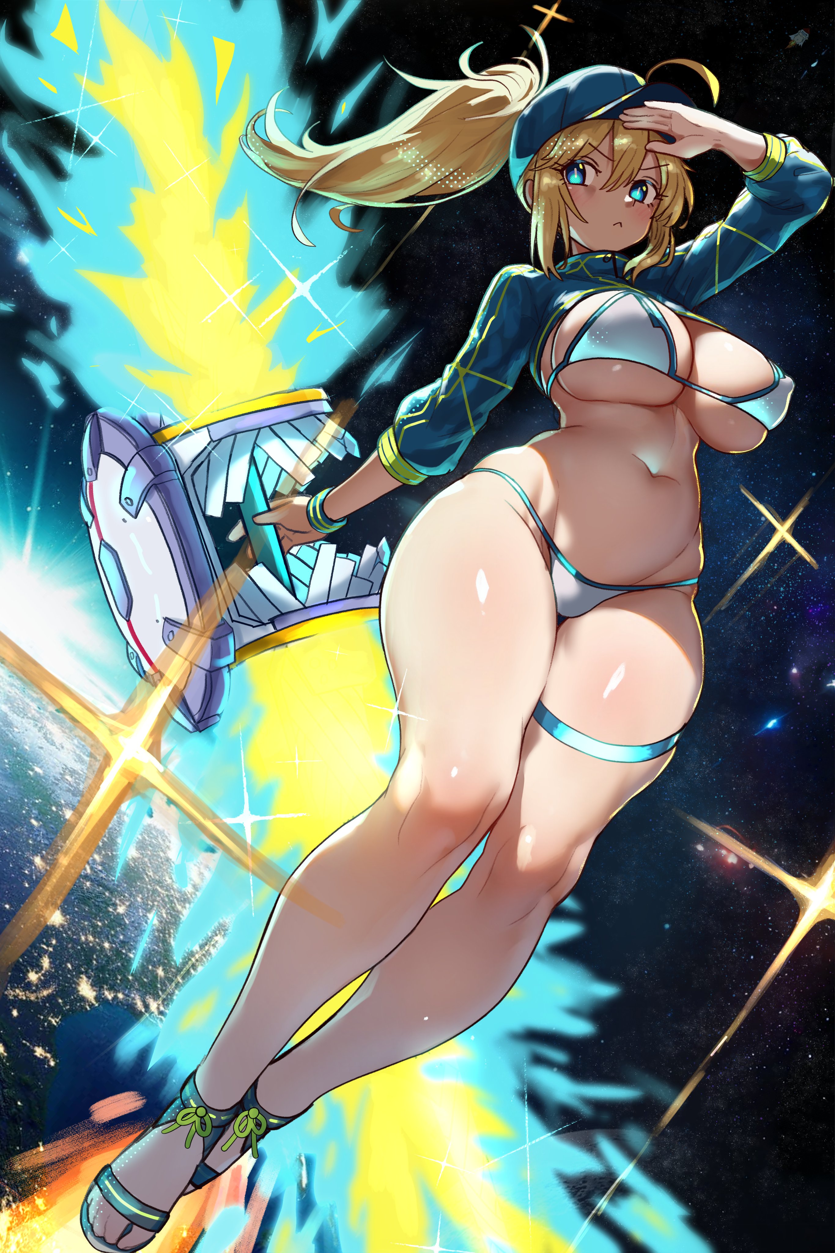 1girls, artoria pendragon, bikini, blonde hair, blue eyes, breasts, ebora, fate (series), fate/grand order, female, hat, hi res, huge breasts, light skin, light-skinned female, long hair, mysterious heroine xx (foreigner), ponytail, thick thighs, wide hips, youngmanisdown