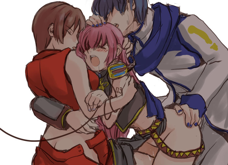 ass_cleavage blue_hair blush brown_hair butt_crack closed_eyes doggy_style female from_behind group_sex hand_on_head hug kaito_(vocaloid) long_hair megurine_luka meiko mizunoto+ nail_polish no_panties open_mouth pink_hair saliva sex short_hair simple_background threesome tongue vocaloid