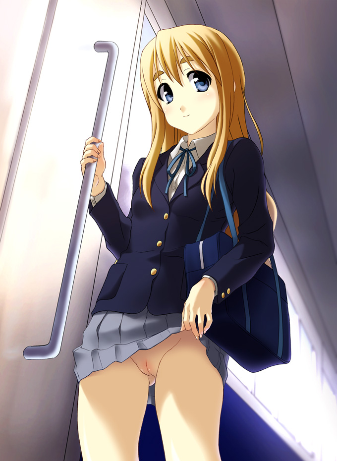 1girls bag blonde_hair blue_eyes blush book_bag bottomless_skirt exhibitionism female female_only flat_chest human human_only k-on! long_hair no_panties norizou_type-r pointy_chin public pussy school_uniform skirt skirt_lift smile solo train train_interior tsumugi_kotobuki_(k-on!) uncensored upskirt