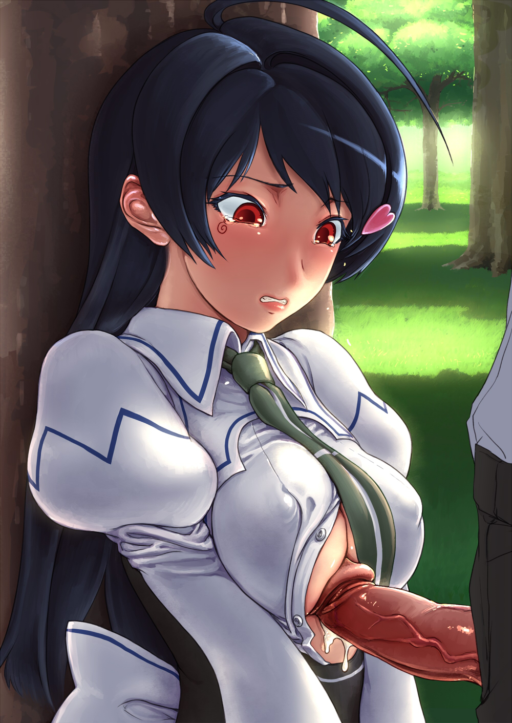 black_hair breasts cum female highres long_hair male mitonoya_saki musen-shiki_sanhankikan nipples open_clothes open_shirt paizuri paizuri_under_clothes penis perpendicular_paizuri red_eyes shirt straight straight_hair tears uncensored vanguard_princess veins veiny_penis