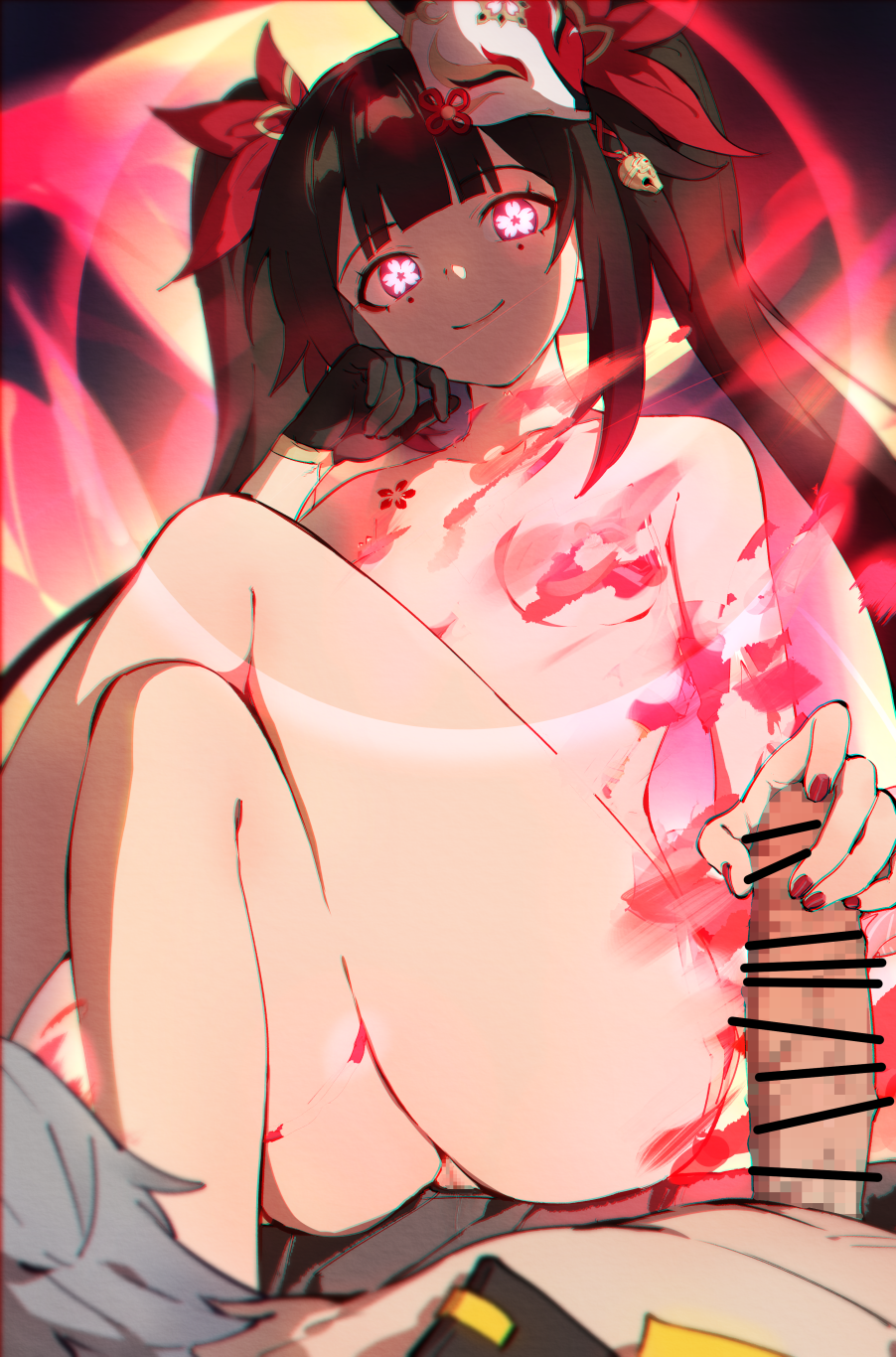 1boy bar_censor black_choker black_gloves breasts caelus_(honkai:_star_rail) censored choker commentary completely_nude dissolving_clothes female femdom flower-shaped_pupils flower_tattoo gloves glowing glowing_eyes grey_hair handjob highres honkai:_star_rail honkai_(series) long_hair looking_at_viewer mask mask_on_head mosaic_censoring nashidrop nude penis pussy small_breasts sparkle_(honkai:_star_rail) symbol-shaped_pupils tattoo thighs