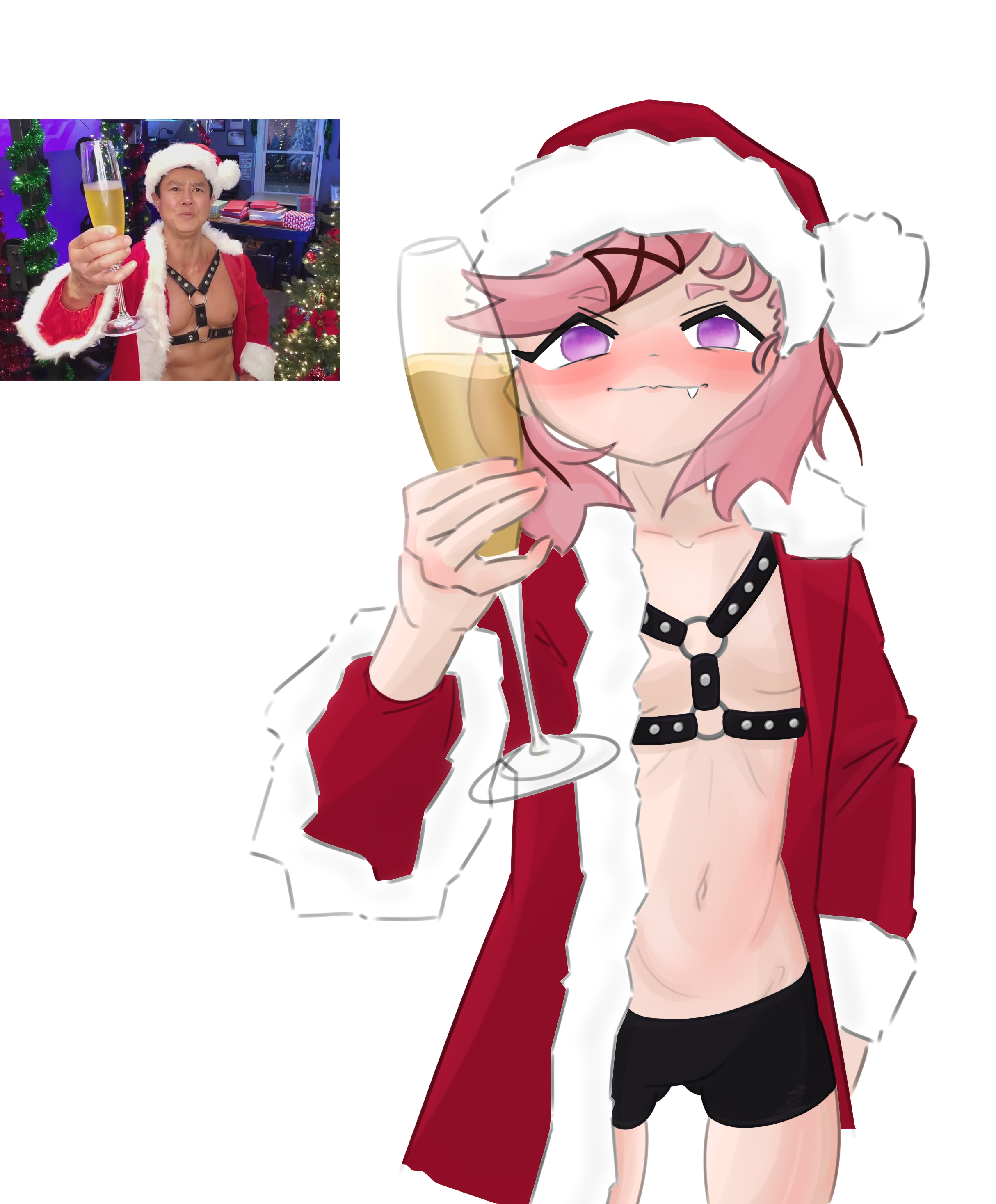1girls, bike shorts, christmas, christmas hat, doki doki literature club, emiillb, fangs, female, glass, glass cup, hat, headwear, jabroni outfit, meme, natsuki (doki doki literature club), navel, oerba yun fang, pink hair, santa hat, shorts, sports shorts, van darkholme