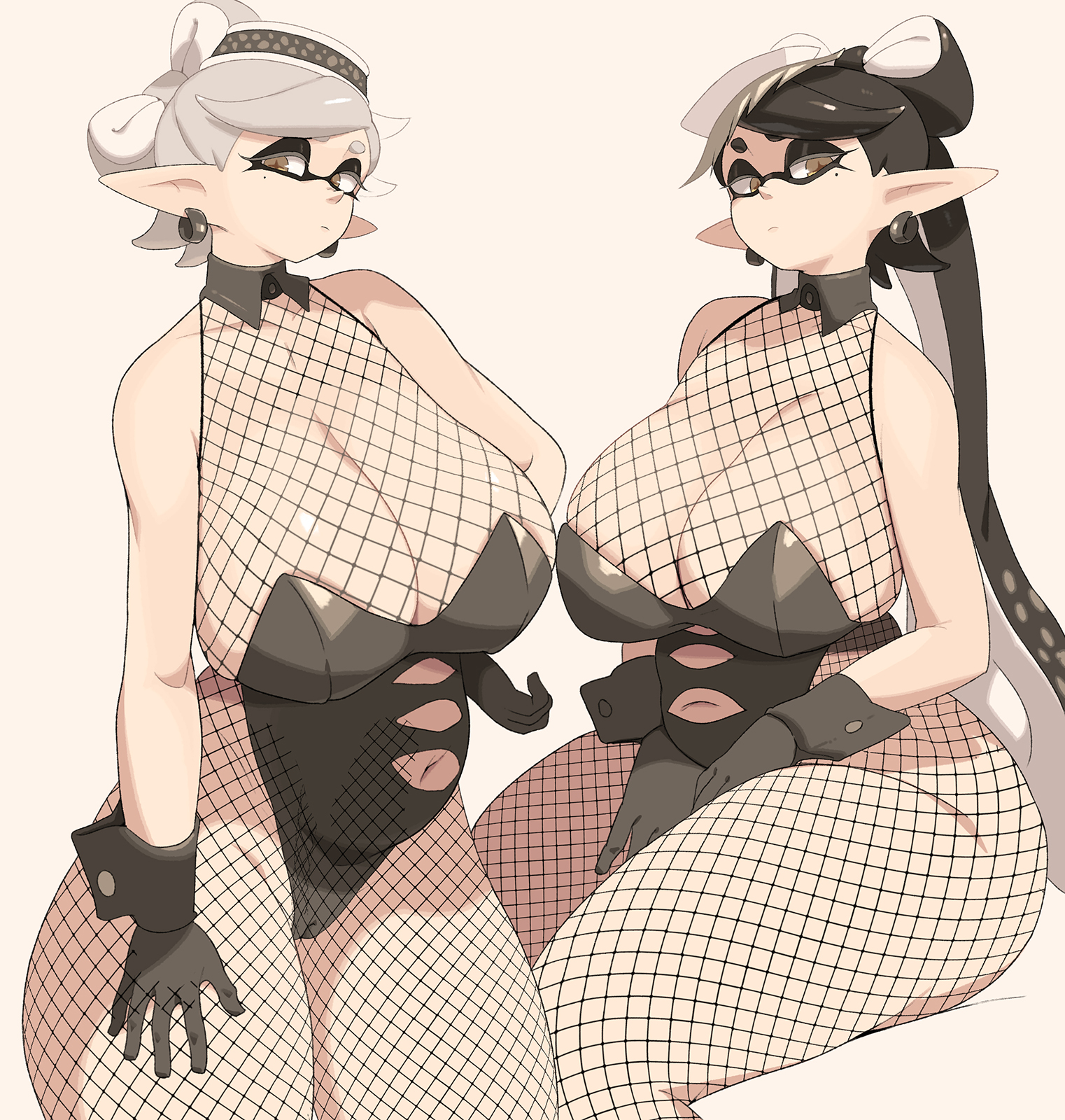 2girls, black hair, breasts, callie (splatoon), cousins, female, fishnets, huge breasts, inkling, light skin, light-skinned female, long hair, marie (splatoon), nintendo, short hair, splatoon, splatoon (series), squid sisters, tentacle hair, white hair, yuta agc