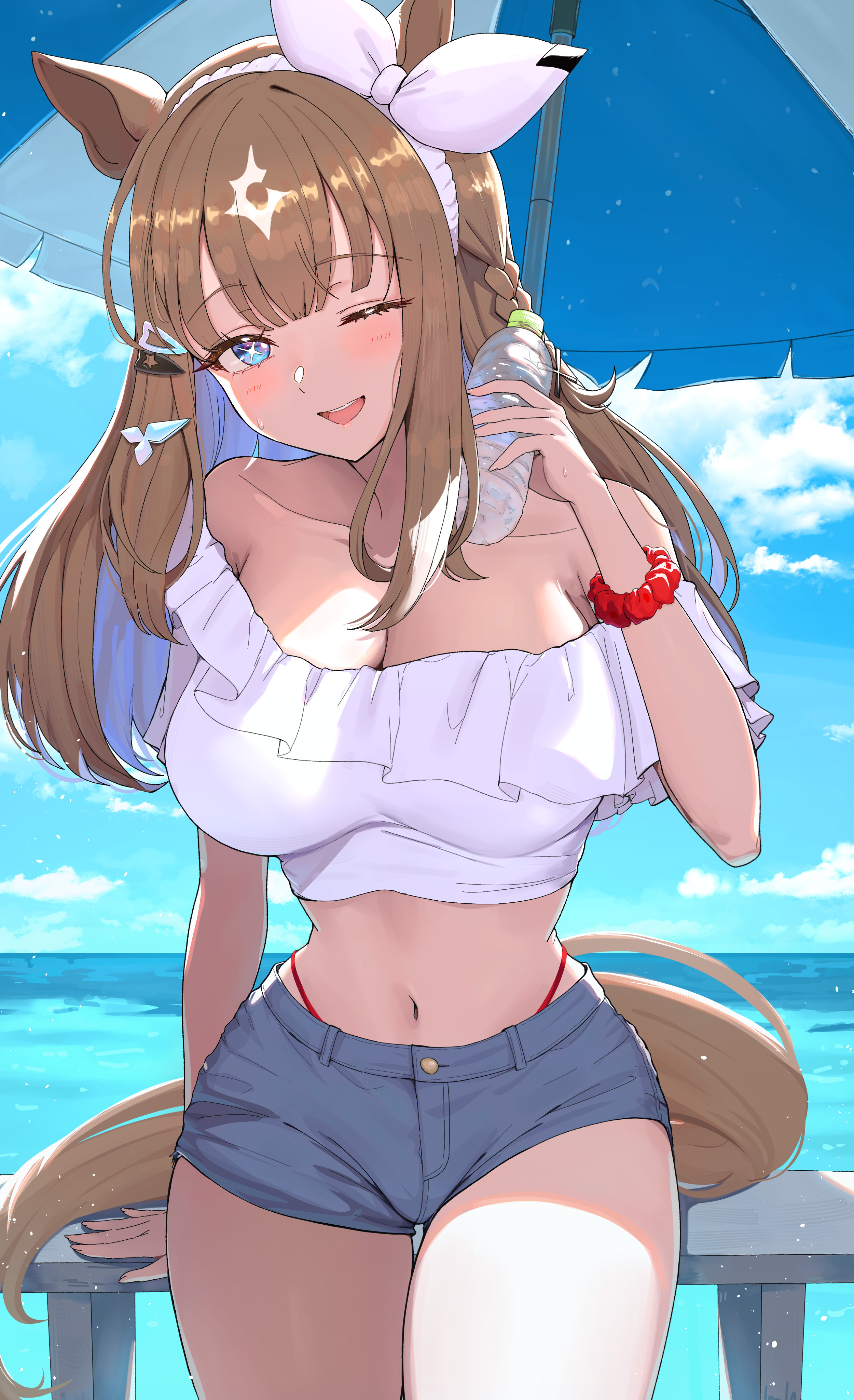 1girls, almond eye (umamusume), blue eyes, blue hair, blue sky, brown hair, cleavage, cloudy sky, denim shorts, grey shorts, holding bottle, horizon, horse ears, horse girl, horse tail, large breasts, long hair, looking at viewer, midriff, multicolored hair, navel, ocean, one eye closed, open mouth, outdoors, smile, solo, take978733141, umamusume, umamusume pretty derby, water bottle
