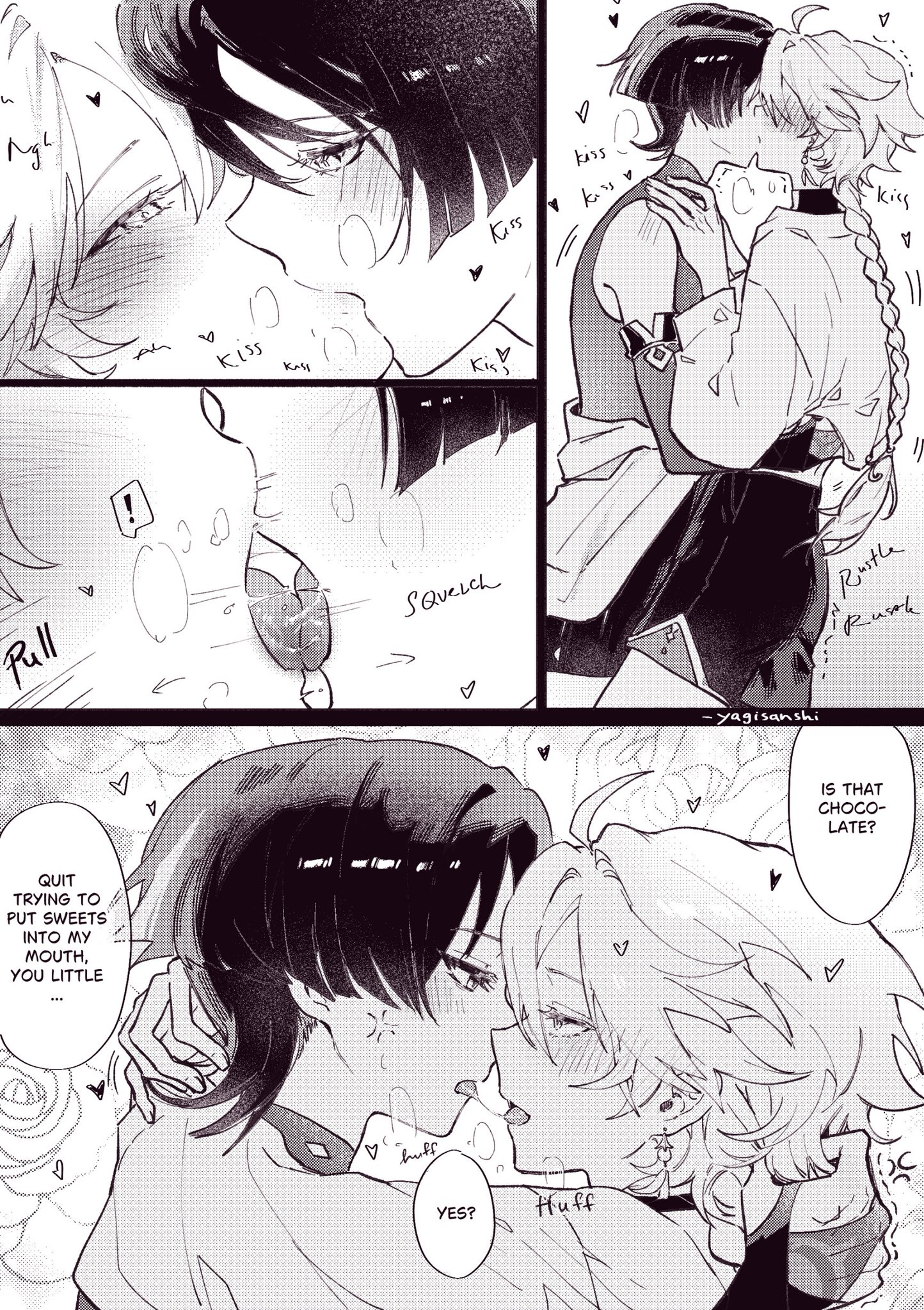 aether (genshin impact), blush, blushing, blushing male, gay, gay male, genshin impact, kiss, kiss on lips, kissing, male/male, rubber clothing, rubbing, saliva on tongue, saliva string, saliva trail, scaramouche (genshin impact), sloppy kiss, sloppy sounds, tongue, tongue kiss, wanderer (genshin impact), yagisanshi