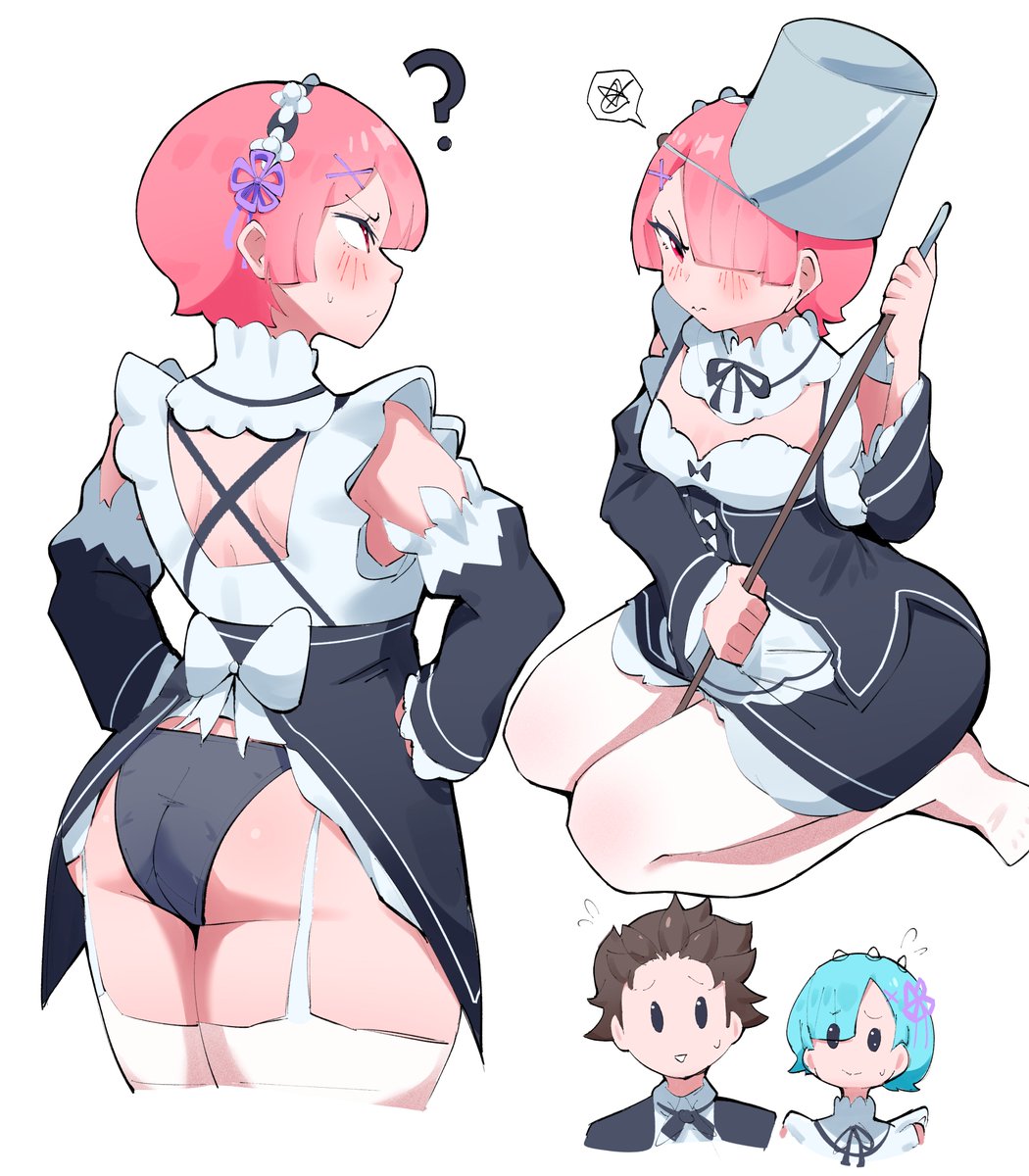 female, maid outfit, maid uniform, natsuki subaru, ram (re:zero), re:zero kara hajimeru isekai seikatsu, rem (re:zero), rikkachan 1117