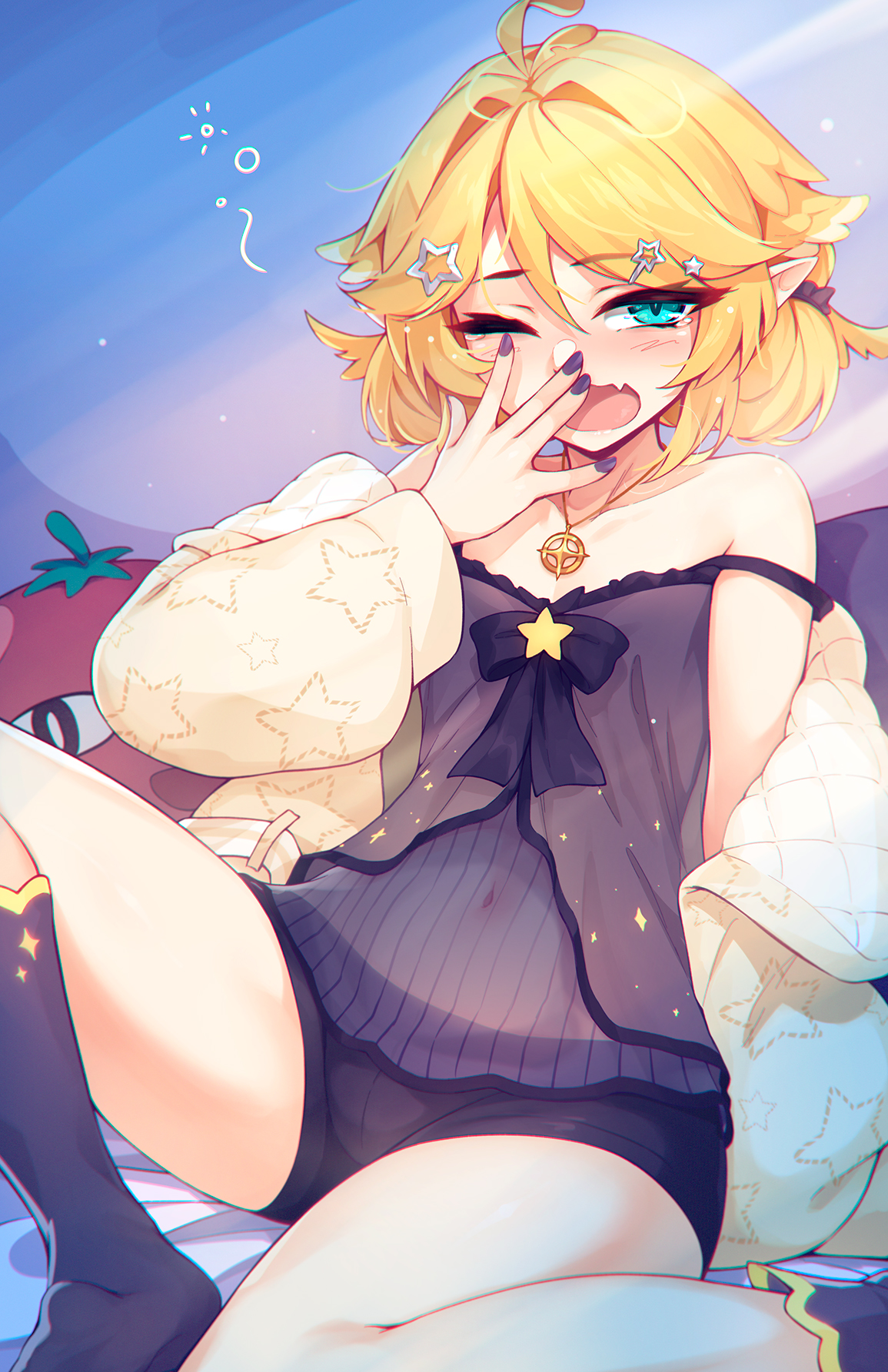 1girl, 1girls, ahoge, black nightgown, black shorts, blonde hair, dokibird, fang, feather hair, female, flat chest, green eyes, hair ornament, highres, indie virtual youtuber, jewelry, necklace, nightgown, one eye closed, open mouth, pointy ears, ricegnat, shorts, skin fang, small breasts, solo, star (symbol), star hair ornament, thighs, tomato, virtual youtuber, vtuber, yawning