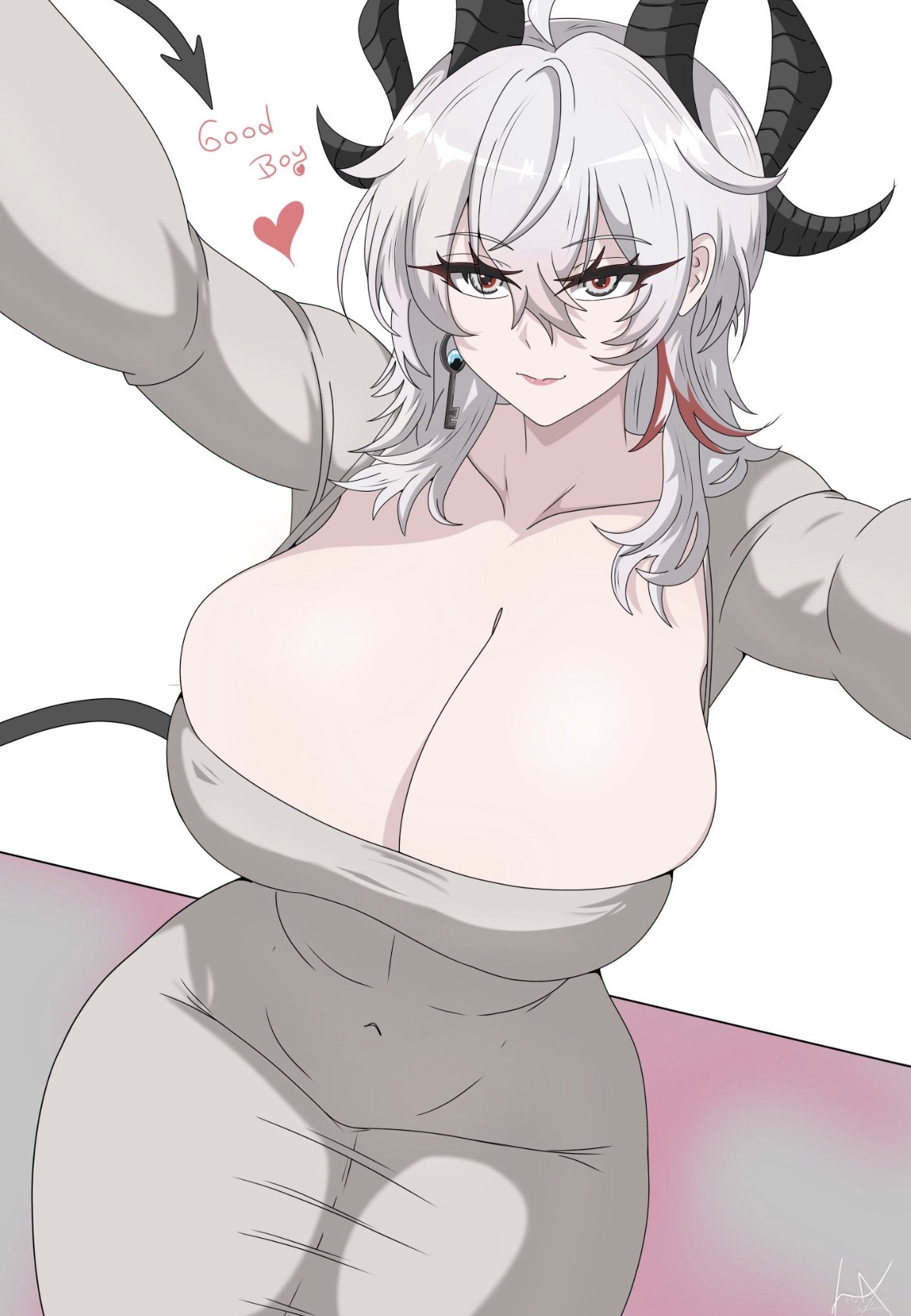artzyzen, belly button visible through clothing, big breasts, busty, busty female, cleavage, cleavage overflow, curvy, curvy female, devil horns, dress, good boy, hair between eyes, heart, laizent art, red strand of hair, shoulder length hair, tail, thick thighs, white hair, wide hips, wuthering waves, zani (wuthering waves)