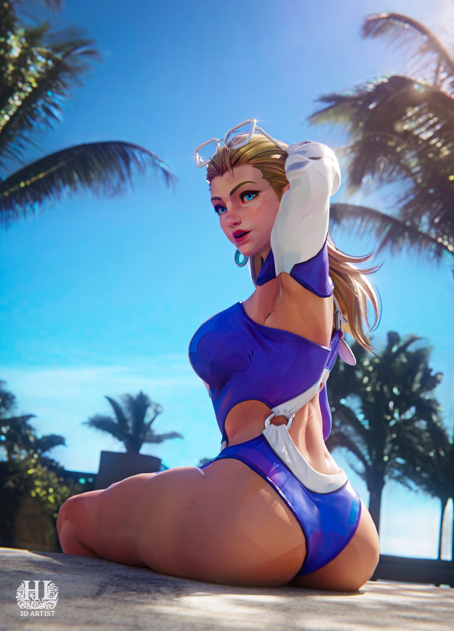 3d, ass, big ass, bikini, blonde hair, fantastic four, female, female only, hashtag loba, invisible woman, invisible woman (azure shade), invisible woman (marvel rivals), marvel, marvel rivals, pool, poolside, solo, swimsuit