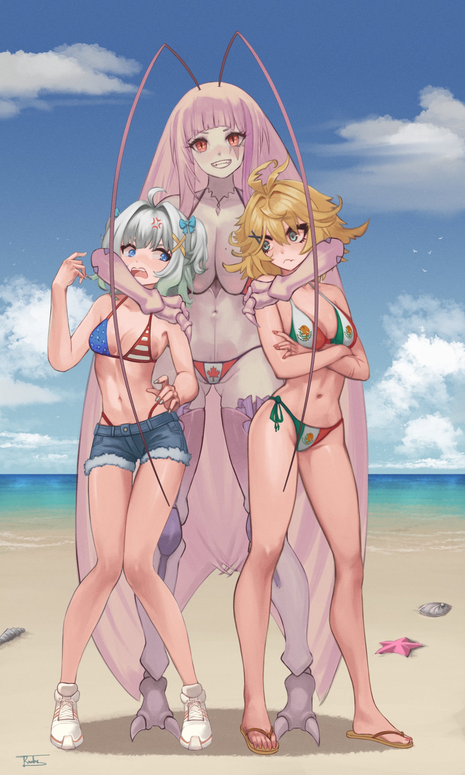 3girls, ahoge, american flag bikini, anger symbol, anger vein, antennae (anatomy), arms crossed, bikini, blonde hair, boob hug, breast hug, canadian flag bikini, clawed feet, densetsu.exe, dokibird, flag bikini, ghost girl, head wings, indie virtual youtuber, large breasts, long hair, looking at breasts, looking at viewer, matara kan, mexican flag bikini, mint fantome, monster girl, pink hair, roach girl, sandals, short hair, shorts, small breasts, sneakers, taller female, twitter link, virtual youtuber, vshojo, vtuber, white hair