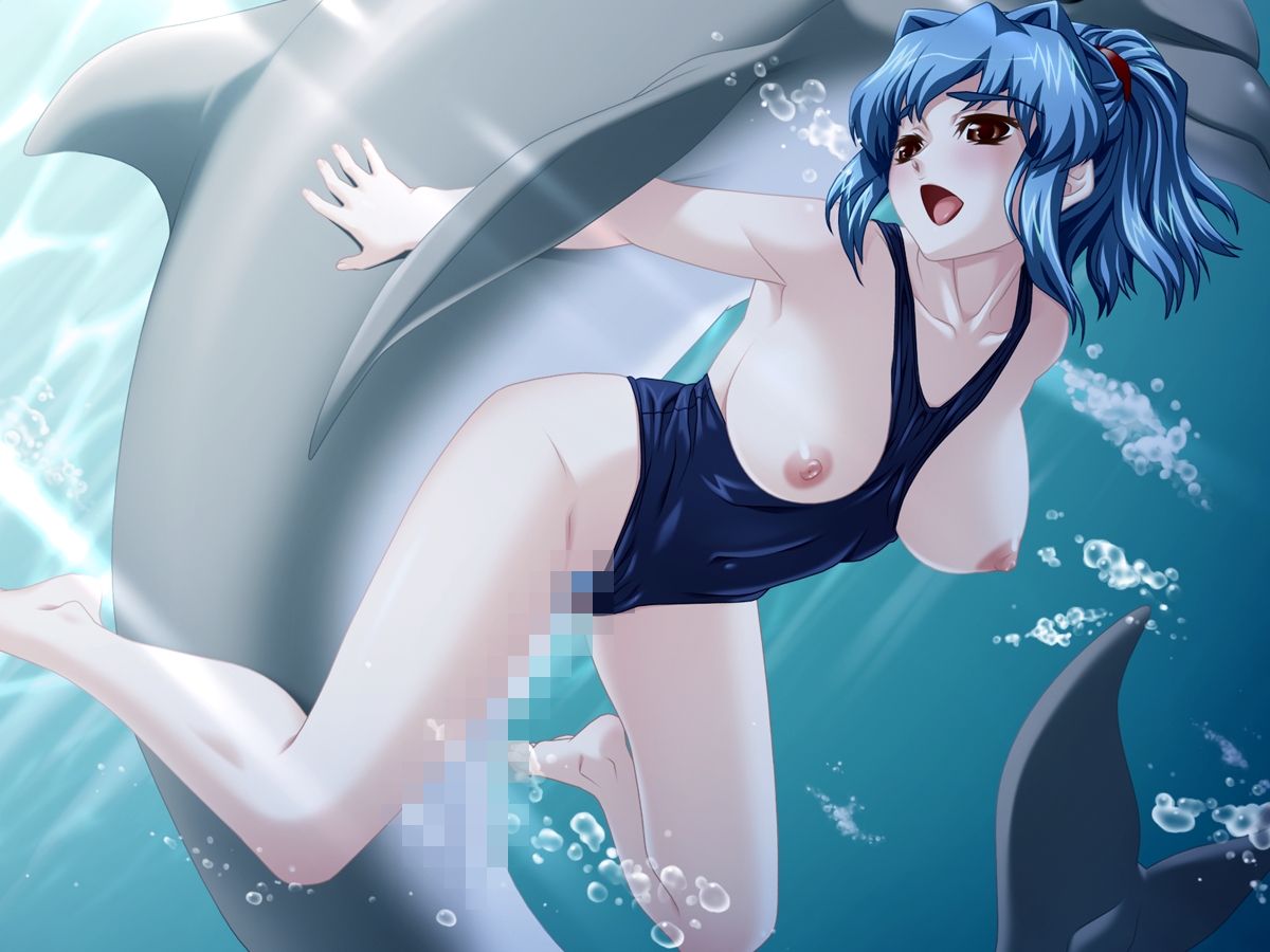artist request, blue hair, breasts, brown eyes, censored, character request, dolphin, female, hair, happy, sex, source request, swimsuit, swimsuit aside, underwater, underwater sex, zoophilia