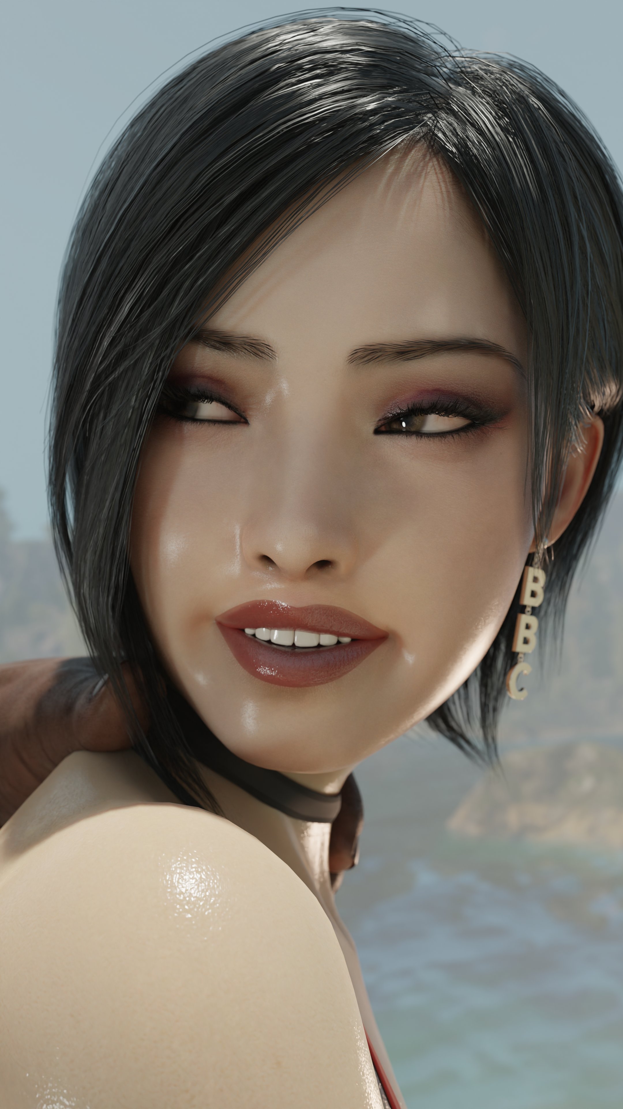 3d, ada wong, ada wong (adriana), asian, asian female, bbc choker, blacked, capcom, choker, choking, color, dark skin, dark-skinned male, eyelashes, implied sex, interracial, light skin, light-skinned female, pale skin, resident evil, resident evil 4, serahnsfwart, short hair