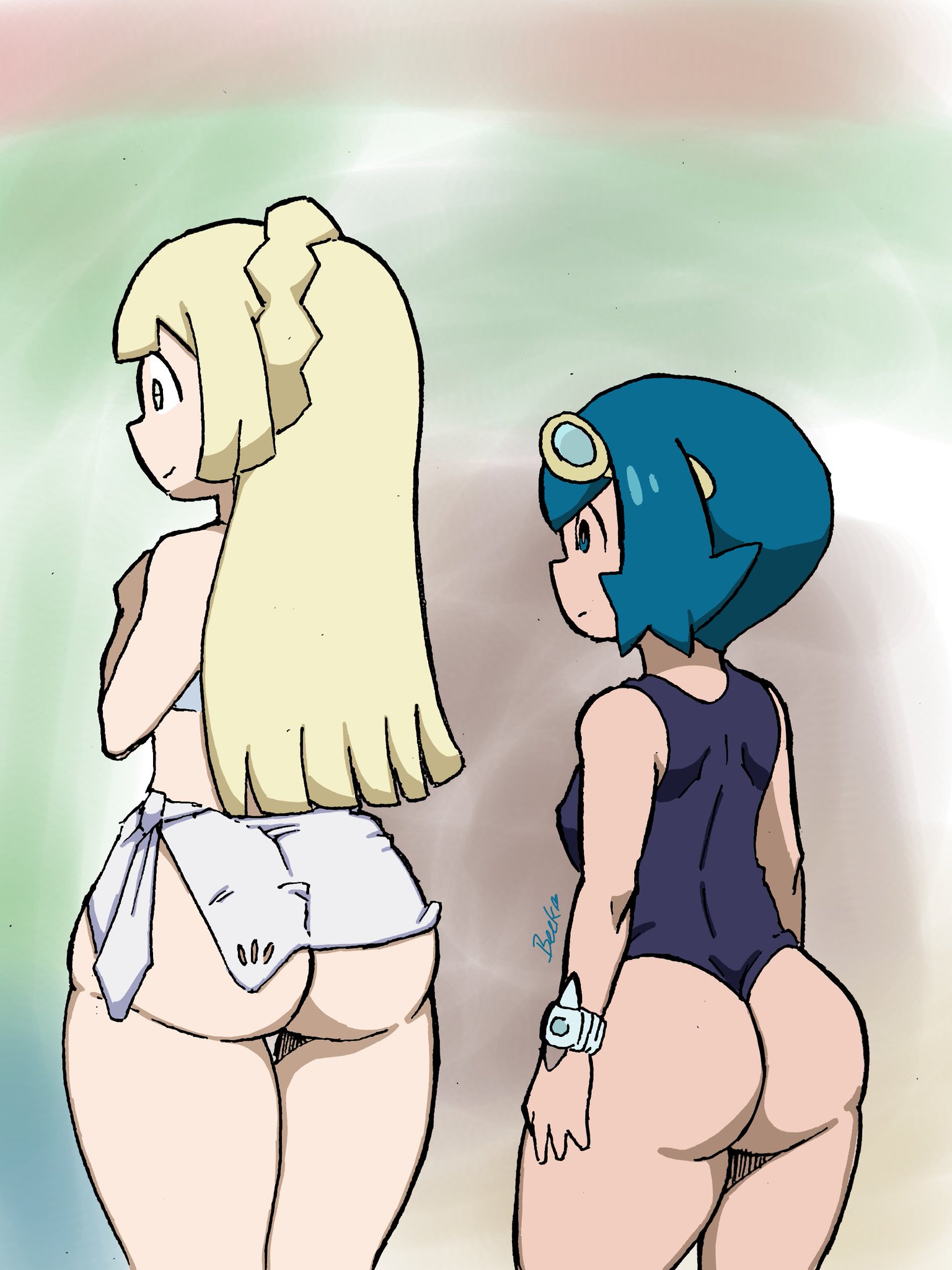 2girls, becku, bubble butt, female, female focus, female only, lana (pokemon), lillie (pokemon), pokemon, pokemon sm