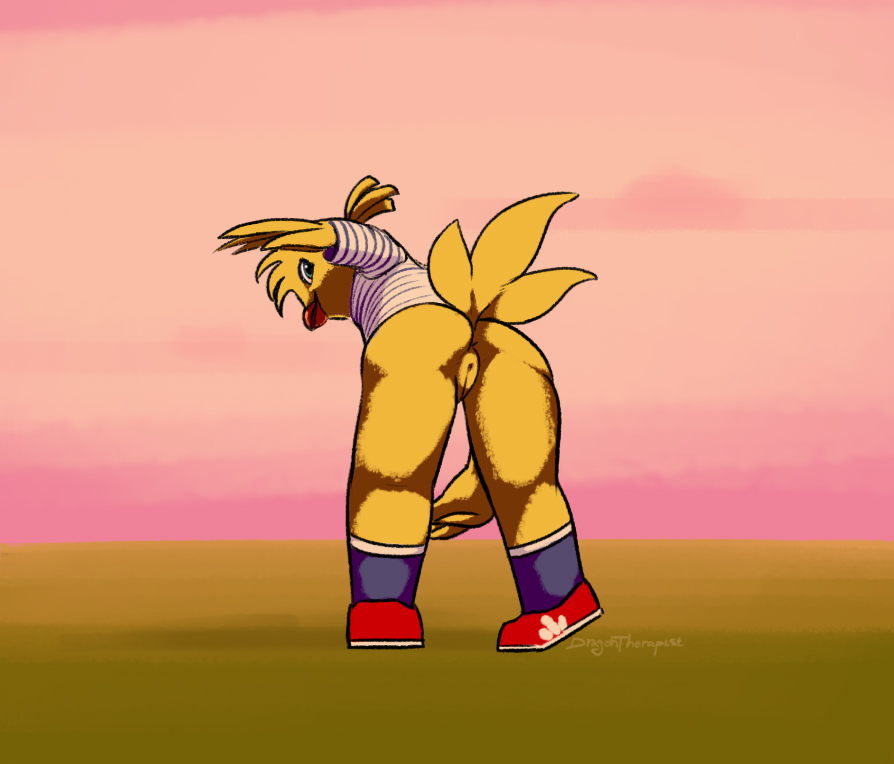 2018 afternoon anthro ass avian beak bent_over bird blue_eyes bottomless chicken clothed clothing dragontherapist ettie feather_hands feathers female fifa footwear legwear looking_back mascot mohawk partially_clothed presenting presenting_hindquarters pussy raised_tail rear_view shoes smile socks solo striped_shirt stripes thick_thighs world_cup yellow_feathers