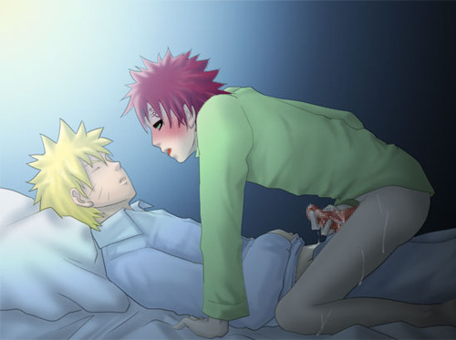 2boys blush censored fumio_(faint) gaara gay human lowres male male_only multiple_boys multiple_males naruto penis penises_touching red_hair sleeping straddle uzumaki_naruto yaoi