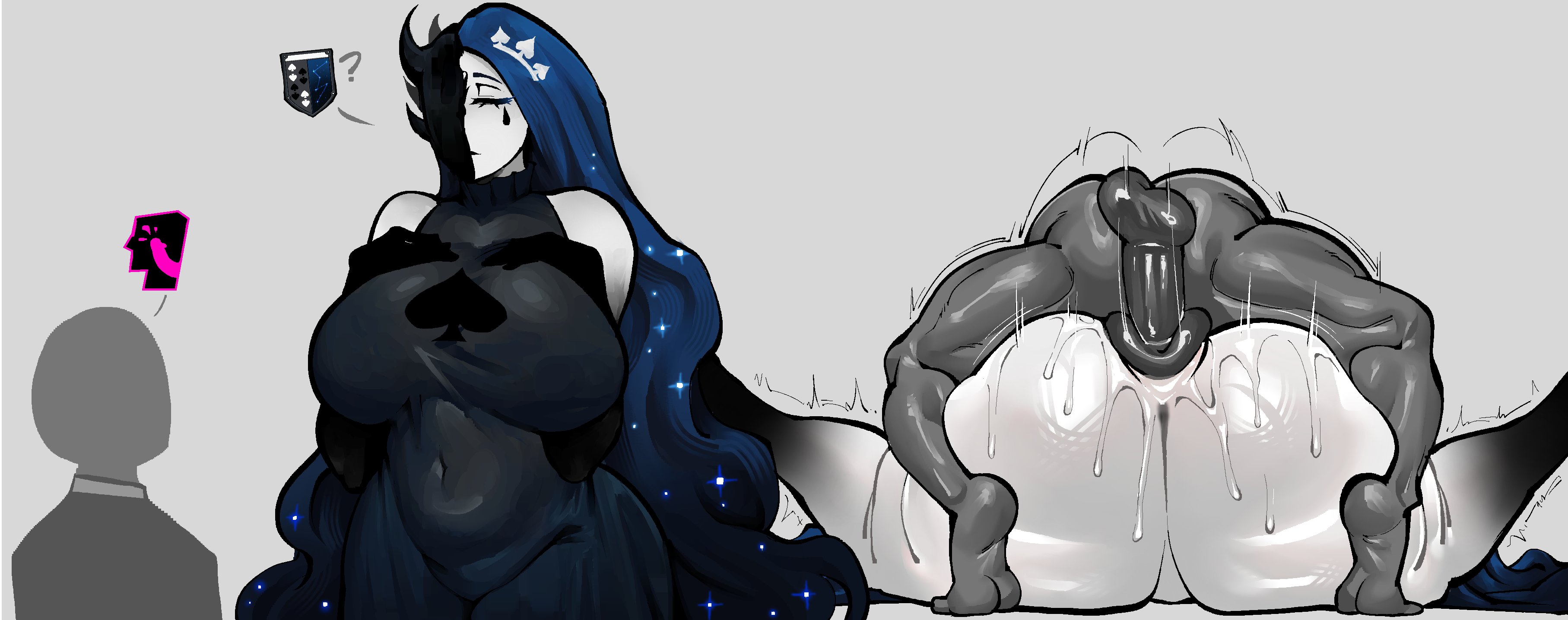 1boy, 1girls, anon, bald, big balls, big breasts, eclipseecliptus, grey body, huge ass, huge cock, knight of despair, lobotomy corporation, long hair, mating press, pale skin, pale-skinned female, project moon, shiny skin, smaller male, spread legs, taller female, thick thighs, tight clothing, vaginal penetration, vaginal sex, wet, wet ass, wide hips