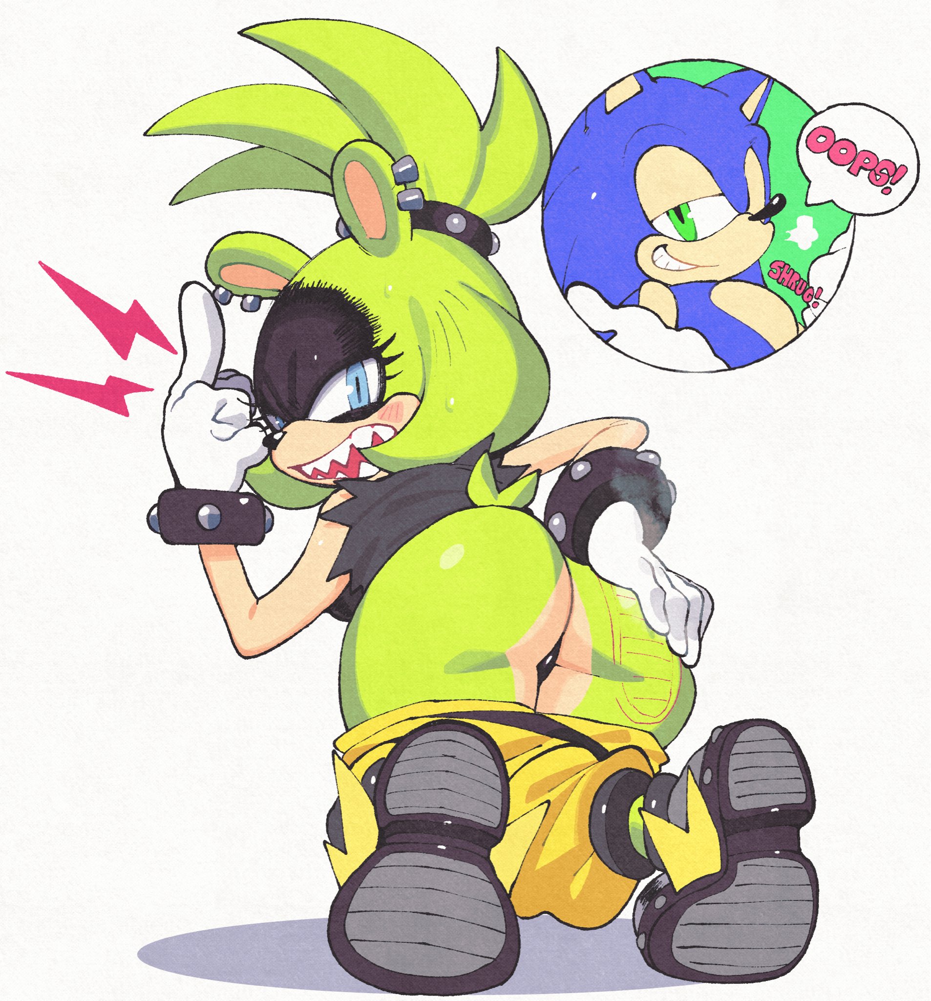 1boy, 1girls, afrosoricid, angry, ass, ass focus, baggy pants, big ass, black panties, blue eyes, blue fur, blushing, bootprint, commission, ear piercing, earrings, embarrassed, footprint on body, green eyes, green fur, grin, hand on ass, hyperbithero, idw publishing, inkuusan, middle finger, panties, pants down, ponytail, sharp teeth, shoe print, shrugging, smug, smug face, smug grin, sonic (series), sonic the hedgehog, sonic the hedgehog (comics), sonic the hedgehog (idw), sonic the hedgehog (series), surge the tenrec, sweat, sweatdrop, tomboy, white background