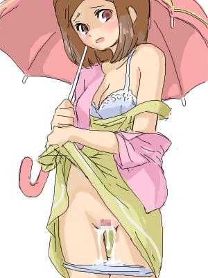 artist_request blush bra breasts brown_eyes brown_hair censored cum cum_in_panties cum_on_clothes dress dress_pull female human human_only lingerie lowres nintendo npc_trainer open_mouth panties pants_down panty_pull parasol parasol_lady_(pokemon) parasol_lady_(pokemon_dppt) pink pokemon pokemon_dppt pussy solo tears umbrella underwear undressing vaginal_penetration