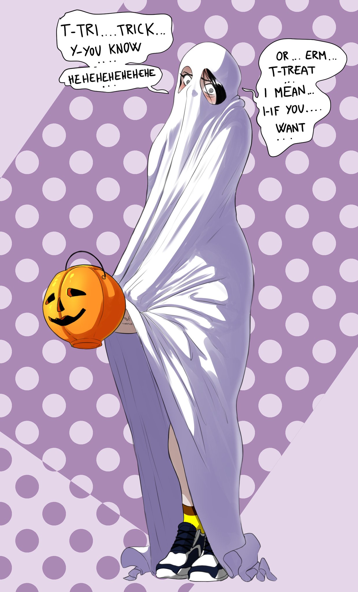 1futa, big penis, black hair, cock, curvy futa, futa only, futanari, ghost costume, halloween, halloween costume, horny, large penis, light-skinned futa, long hair, long penis, nervous, original, original character, penis, pent up, pumpkin head, rachel (sinsigat), rachel levi (sinsigat), shy, sinsigat, text, thick cock
