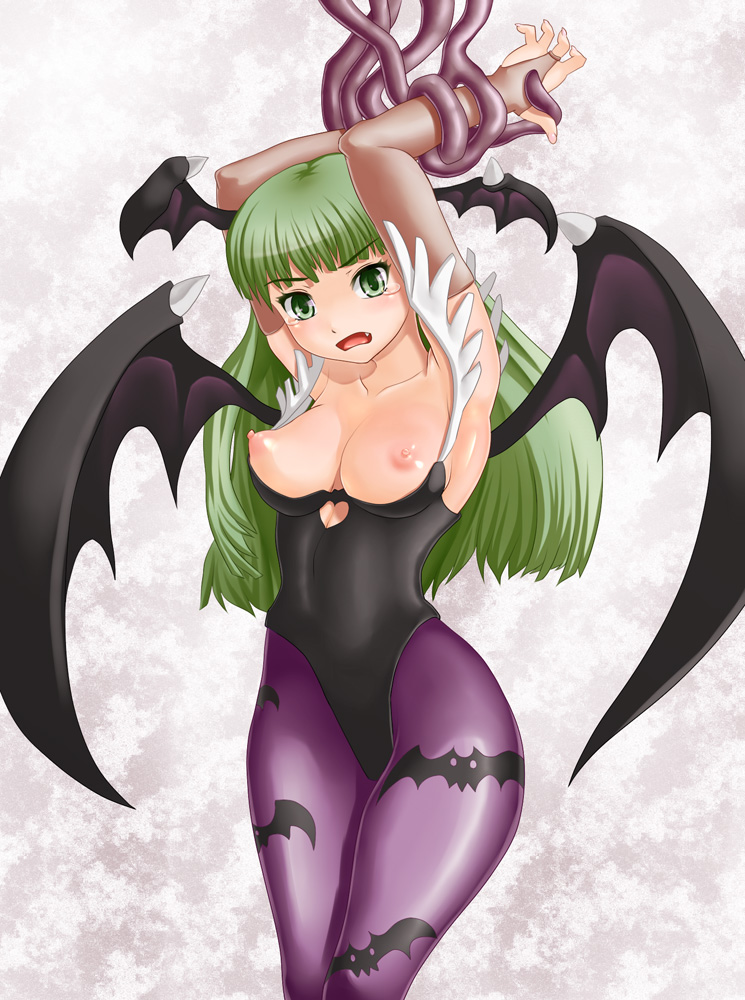 arms_up bat_wings bb blush bondage breasts breasts_out bridal_gauntlets capcom cleavage clothing cute_fang darkstalkers demon_girl elbow_gloves erect_nipples female gloves green_eyes green_hair head_wings kurone large_breasts leotard long_hair morrigan_aensland nipples open_mouth pantyhose print_pantyhose small_breasts succubus tears tentacle wings