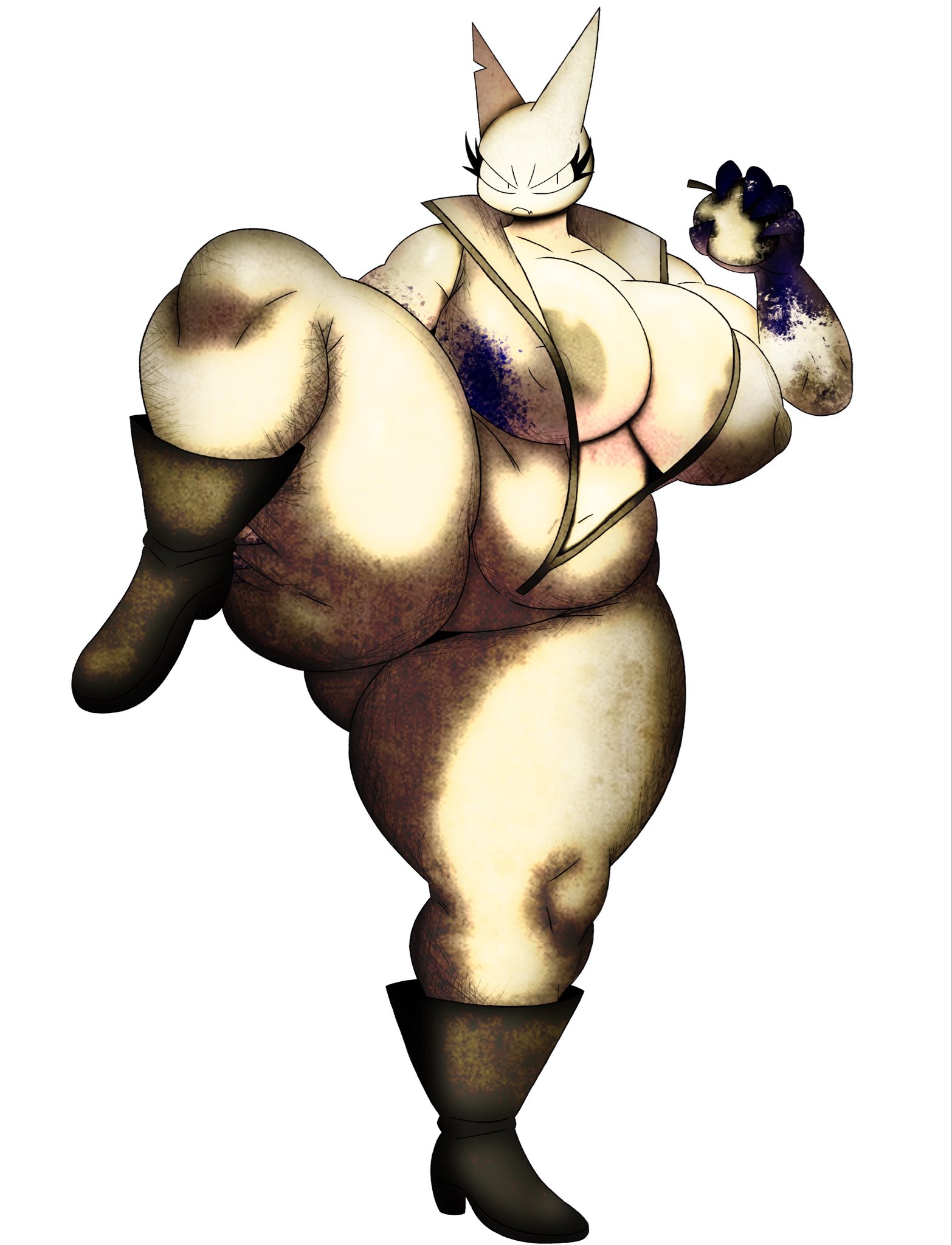 2026, angry, angry face, apple, ass bigger than head, blood stain, bodysuit, boots, breasts bigger than head, breasts exposed, breasts out, chubby belly, feline, femtanyl, fighting stance, forsaken (roblox), grabbing leg, half naked, half-dressed, holding object, huge ass, huge breasts, lifting leg, looking at viewer, napstasoul, nipples, roblox, roblox game, self upload, slightly chubby, stance, standing on one leg, token (femtanyl), token (forsaken), white fur