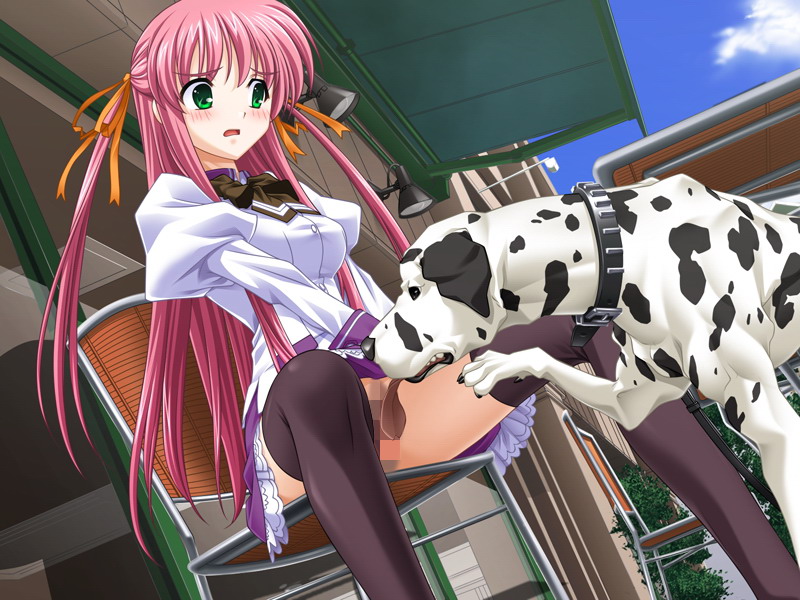 aihara_sarina canine canine_on_human censored cunnilingus cunnilingus_from_canine delta female female_human green_eyes human male male/female male_canine pink_hair shiiku_hakusho shiiku_hakusho_-_kusari_ni_tsunagareta_doukyuusei thighhighs zoophilia