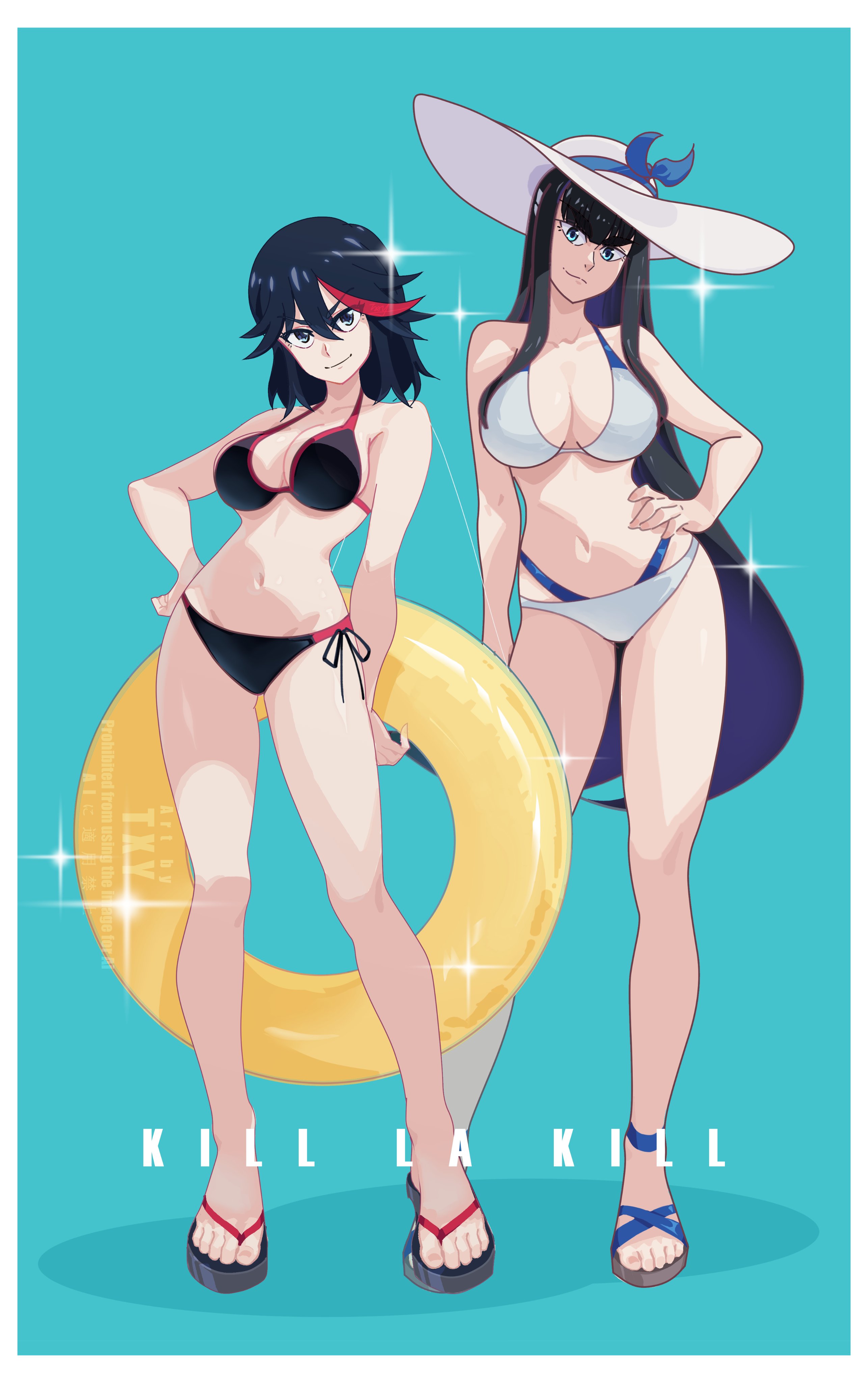 2girls, bikini, black bikini, black hair, black-haired female, blue eyes, cleavage, clothing, female, female focus, female only, hat, human, junketsu, kill la kill, kiryuuin satsuki, long hair, looking at viewer, matoi ryuuko, nonsexual, pale skin, sandals, senketsu, sisters, slim waist, swimwear, tagme, text, two-tone hair, white bikini