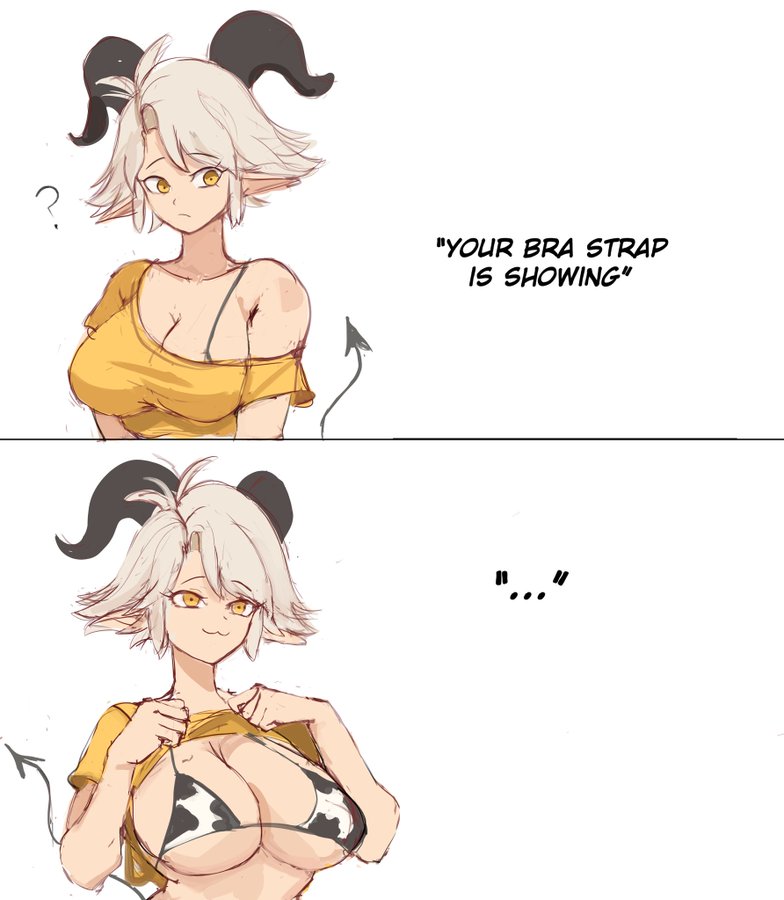1girls, big breasts, bra, bra strap is showing (meme), demon girl, demon horns, demon tail, english text, goat ears, highres, lifting shirt, looking at another, loose shirt, original, rakeemspoon, shirt, short hair, susan (rakeemspoon), yellow shirt