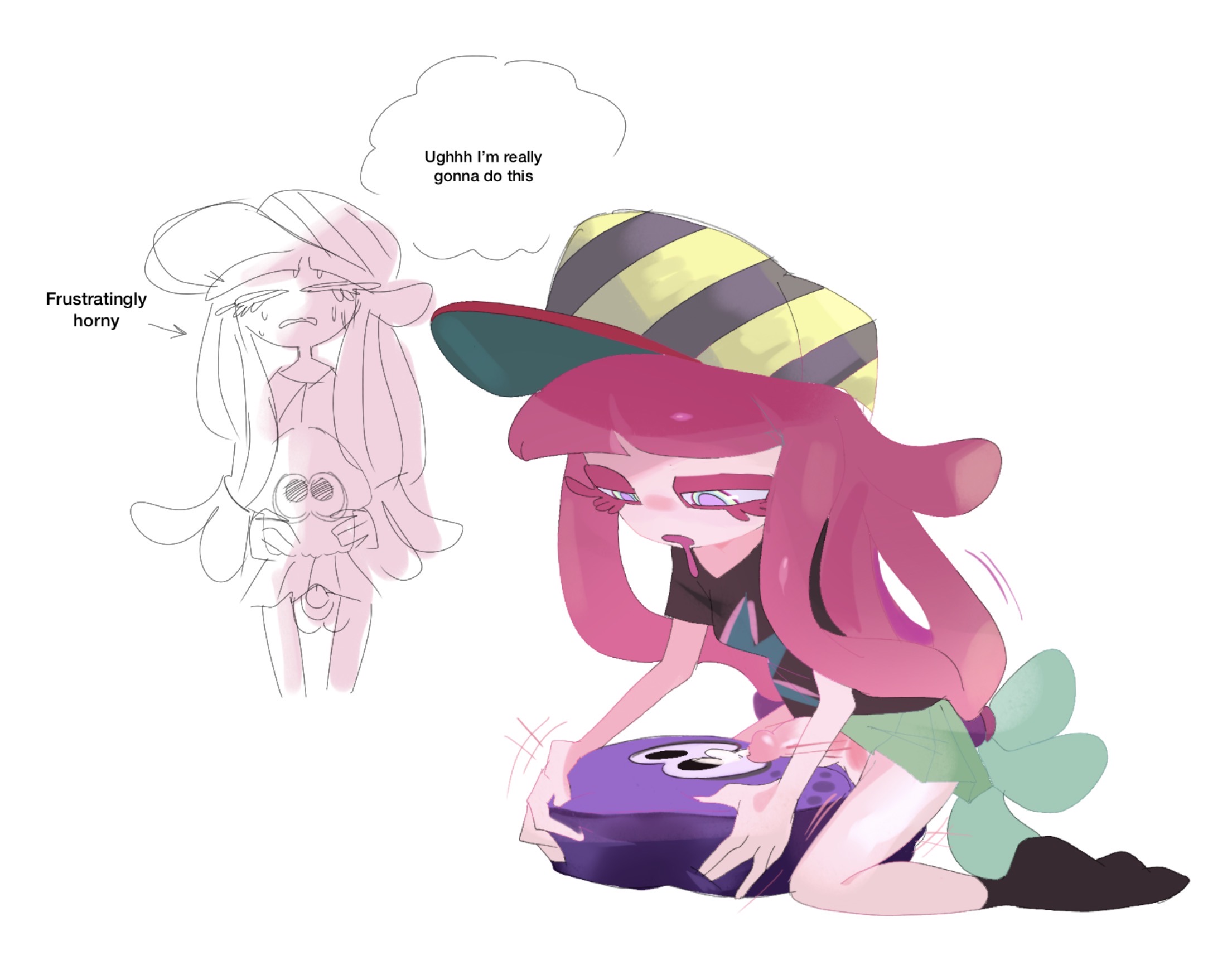 1girl, 1girls, clothed masturbation, cum, drooling, futanari, harmony (splatoon), humping, humping pillow, masturbation, orgasm, penis, plushophilia, solo, splatoon, splatoon (series), splatoon 3, sweat