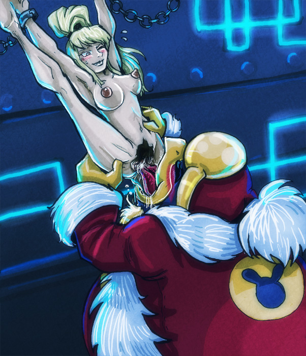 blush bondage breasts chains cunnilingus evanight female king_dedede kirby_(series) metroid nintendo nude oral samus_aran shackles super_smash_bros. tongue uncensored