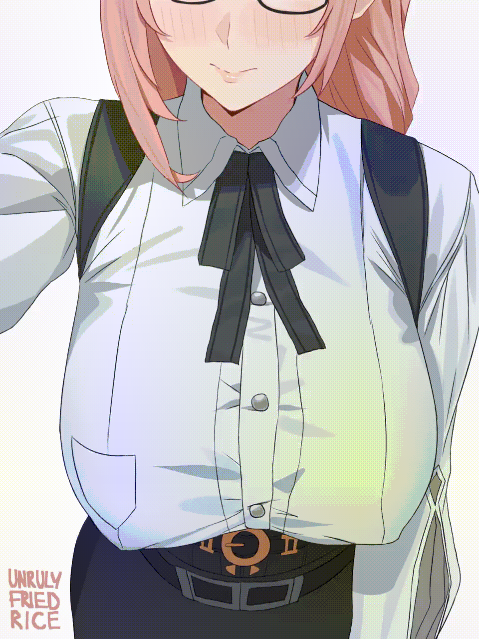 1girls 2d 2d_(artwork) animated big_breasts blush blushing blushing_female bouncing_breasts breasts clothed female gif glasses gloves light-skinned_female light_skin natural_breasts nipple_bulge nipple_outline nipples_visible_through_clothing office_clothing office_lady pale-skinned_female pale-skinned_male pale_skin pink_hair pov straight tsukishiro_yanagi unrulyfriedrice white_shirt zenless_zone_zero