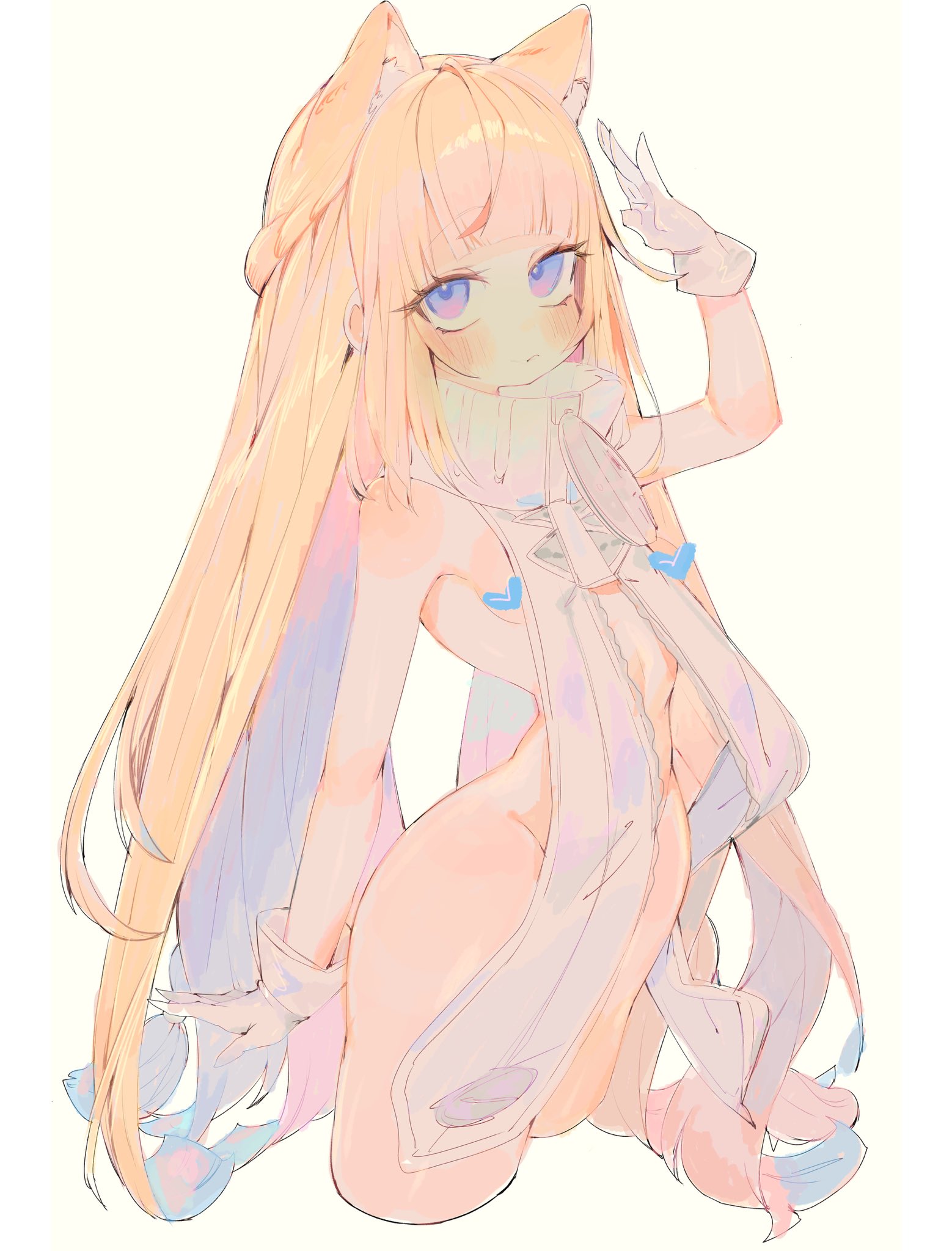 blonde hair, breasts, cat ears, convenient censoring, female, female only, gloves, hair, hoyoverse, long hair, looking at viewer, mihoyo, norma hollowell, nude, nude female, partially clothed, petite, purple eyes, small breasts, solo, solo female, usa37107692, white background, zenless zone zero