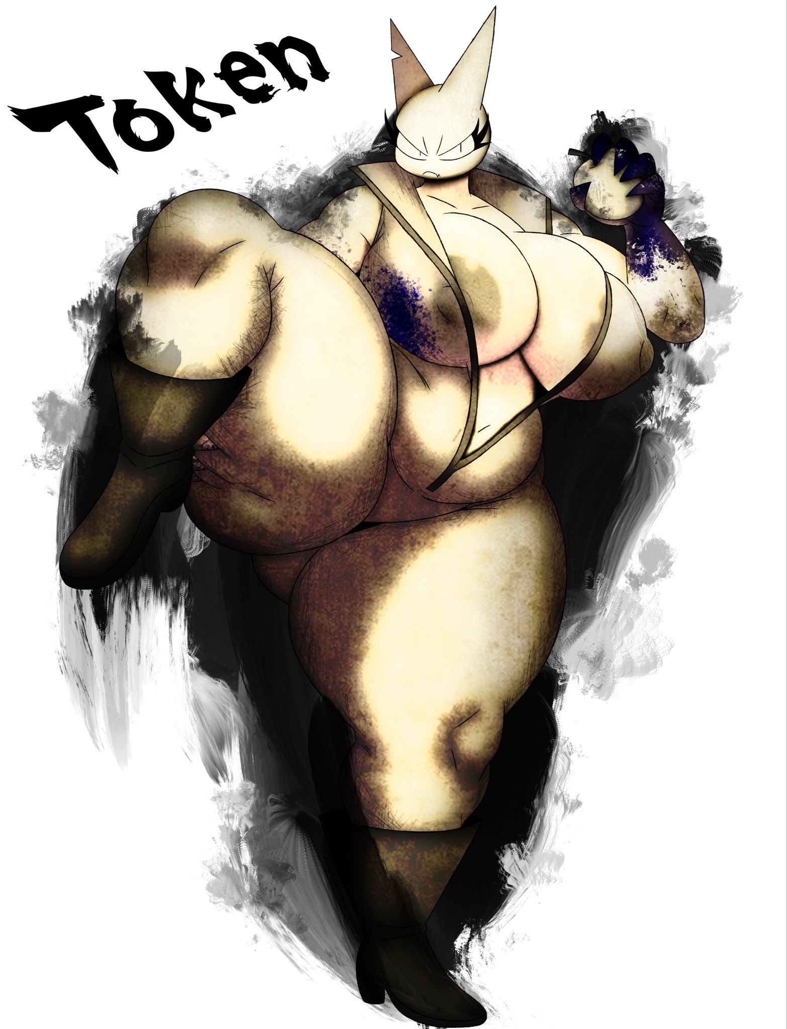 2026, alternate version available, angry, angry face, apple, ass bigger than head, blood stain, bodysuit, boots, breasts bigger than head, breasts exposed, breasts out, chubby belly, feline, femtanyl, fighting stance, forsaken (roblox), grabbing leg, half naked, half-dressed, holding object, huge ass, huge breasts, lifting leg, looking at viewer, napstasoul, nipples, roblox, roblox game, self upload, slightly chubby, stance, standing on one leg, token (femtanyl), token (forsaken), white fur