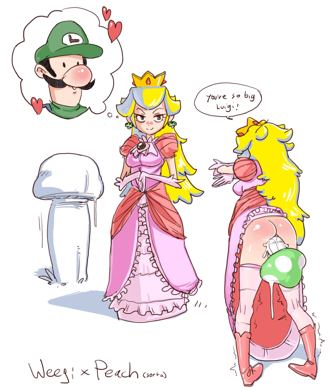 highres luigi mario_(series) mushroom nintendo porntime princess_peach speech_bubble straight_hair super_mario_bros. text what