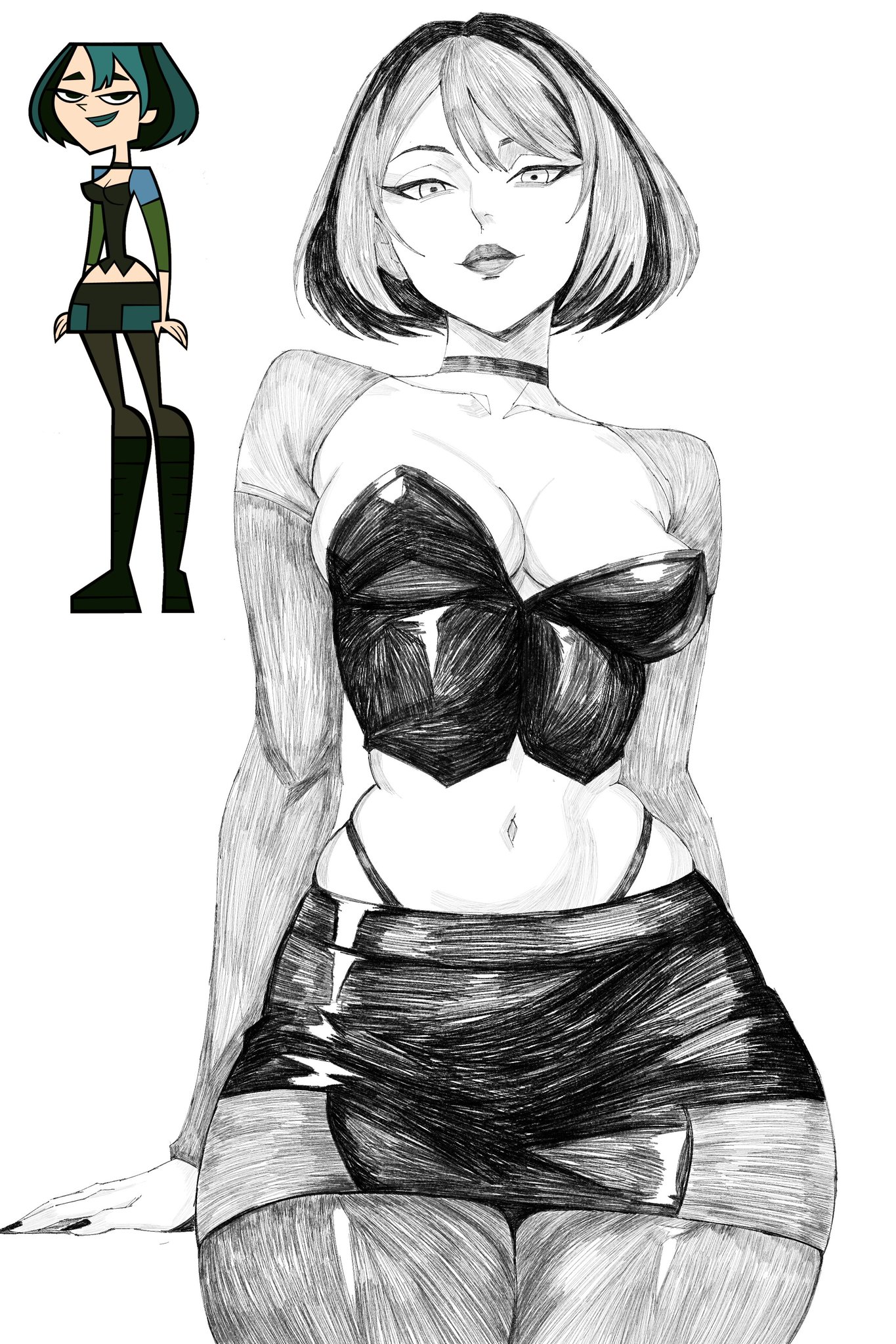big breasts, black and white, black hair, black legwear, black lipstick, blue eyes, blue hair, blue lipstick, breasts, cartoon network, choker, cleavage, clothed, clothing, collar, crop top, denim, denim shorts, duo, female, female only, goth, goth girl, green eyes, gwen (tdi), hex mamaniac, hourglass figure, huge breasts, large breasts, looking at viewer, monochrome, multicolored hair, navel, pantyhose, reference image, short hair, short shorts, short skirt, shorts, sketch, skirt, slim waist, thick, thick thighs, thighs, total drama island, voluptuous, voluptuous female, white background, wide hips