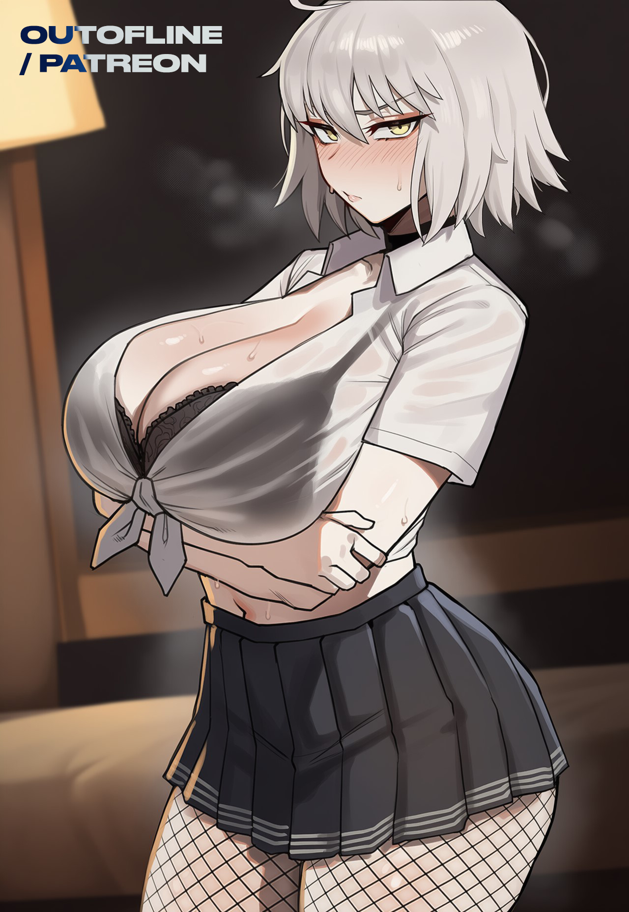 1girls, ai generated, annoyed, big breasts, black bra, breasts, crossed arms, curvy, eyeshadow, fate (series), fate/grand order, female, female only, fishnets, goth, huge breasts, jeanne alter, jeanne d'arc alter (fate), large breasts, light-skinned female, lips, midriff, school uniform, short hair, silver hair, solo, voluptuous, yellow eyes