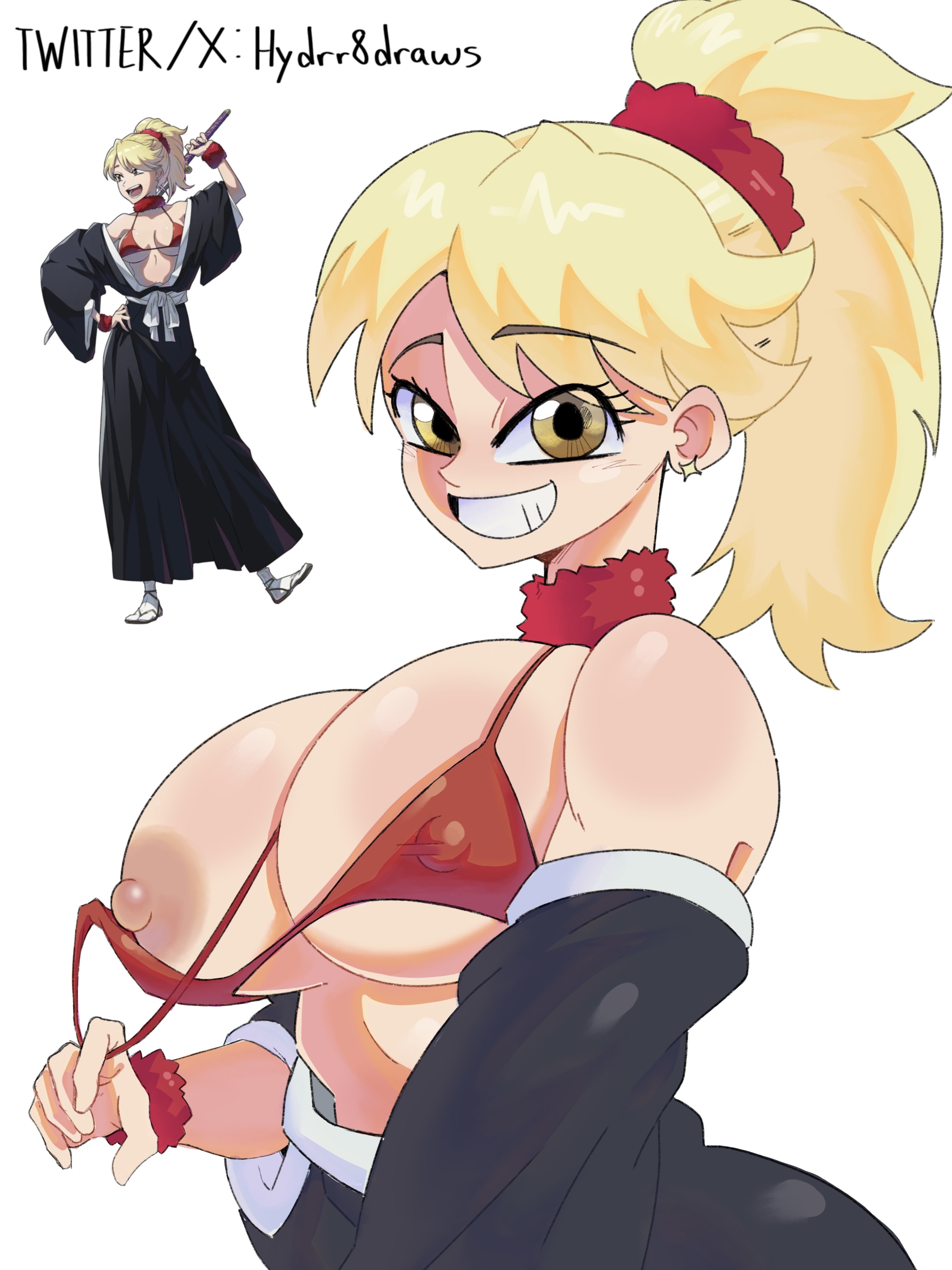 2d, 2d (artwork), anime, areola, areolae, bangs, big boobs, big breasts, bikini, bikini top, bleach, bleach: the thousand-year blood war, blonde female, blonde hair, digital drawing (artwork), digital media (artwork), grin, hydrr8, light-skinned female, looking at viewer, naru jurinna, nip slip, nipple bulge, nipples, nipples visible through clothing, peeking nipple, ponytail, robe, self upload, sketch, smile, swimwear